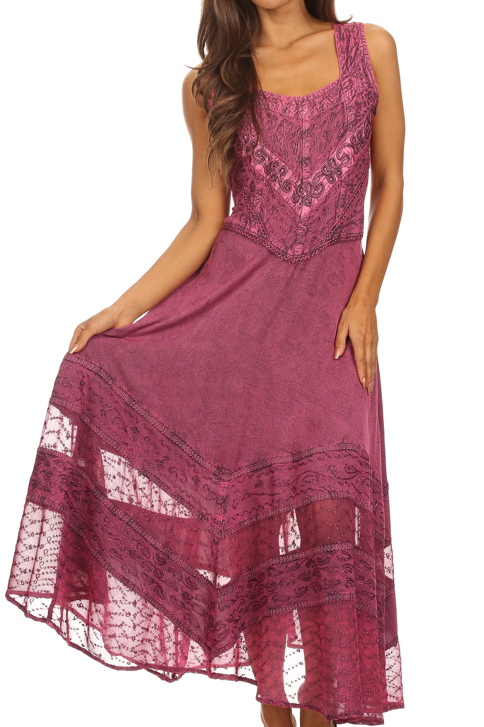 Sakkas Zendaya Stonewashed Rayon Embroidered Floral Vine Sleeveless V-neck Dress