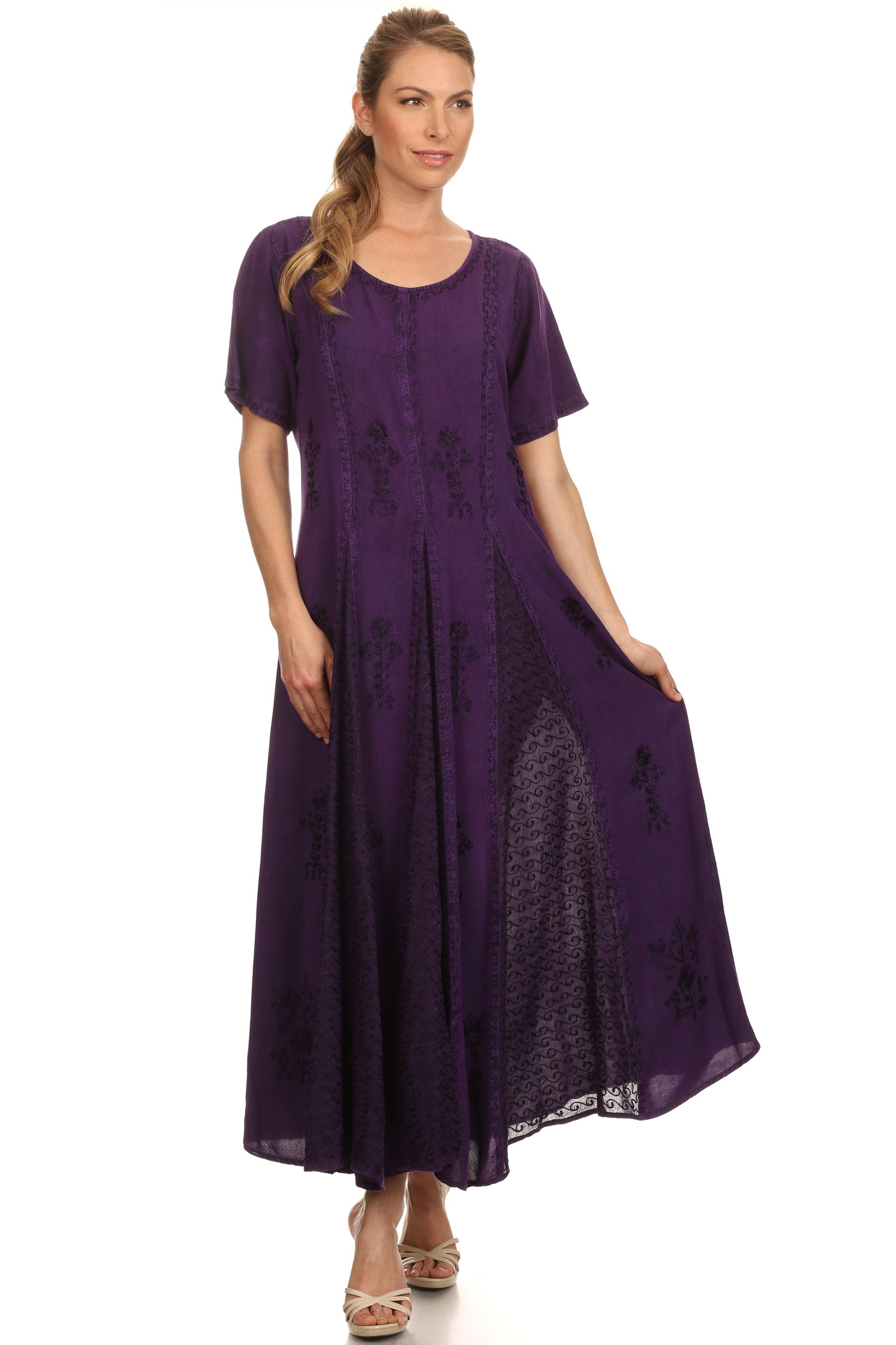 Vestido caftán largo con bordado lavado a la piedra y mangas cortas Hailey de Sakkas