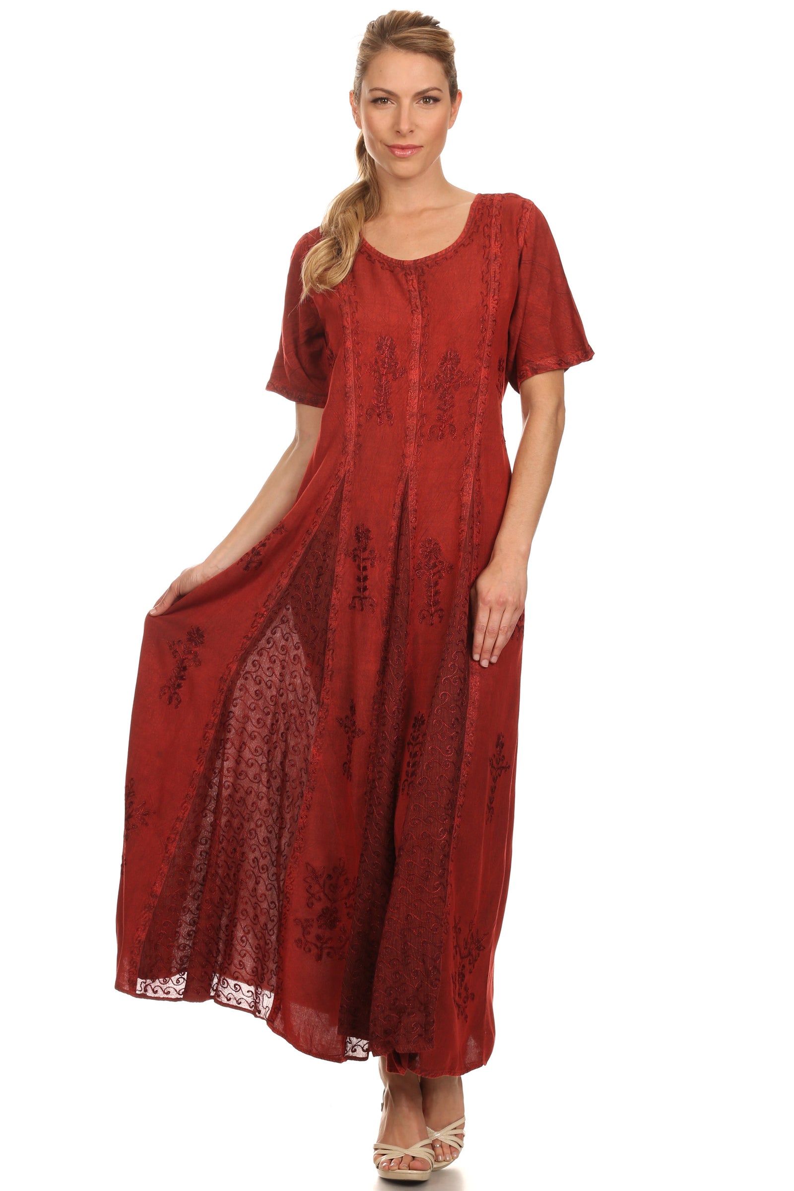 Vestido caftán largo con bordado lavado a la piedra y mangas cortas Hailey de Sakkas