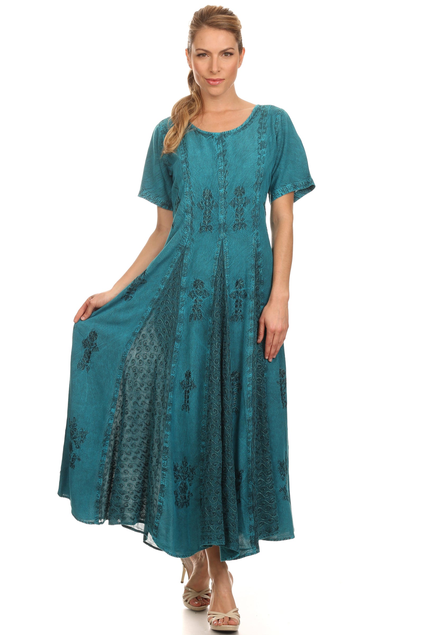 Vestido caftán largo con bordado lavado a la piedra y mangas cortas Hailey de Sakkas