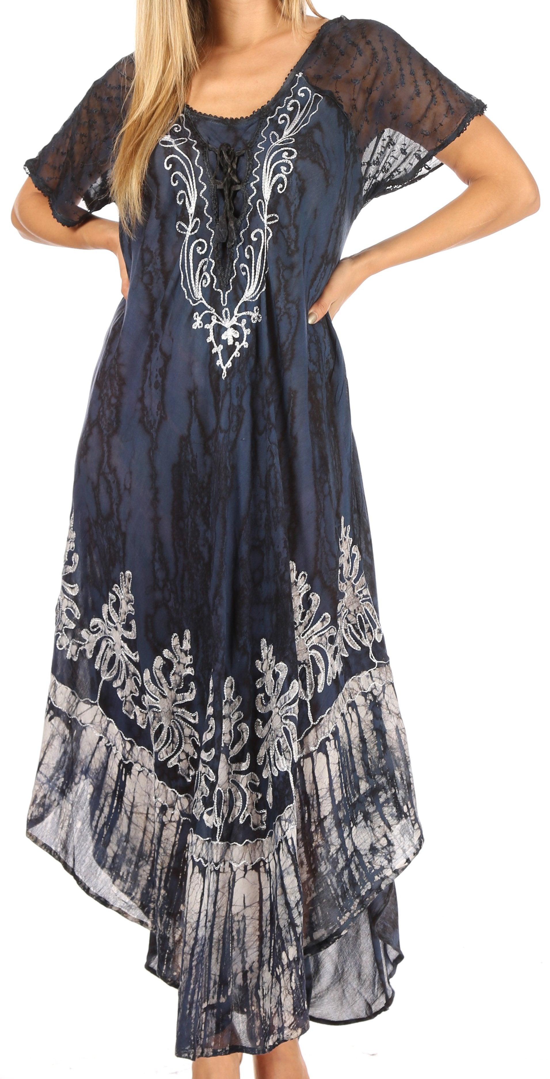 Vestido caftán Sakkas Ronny con encaje bordado y mangas cortas con efecto tie-dye