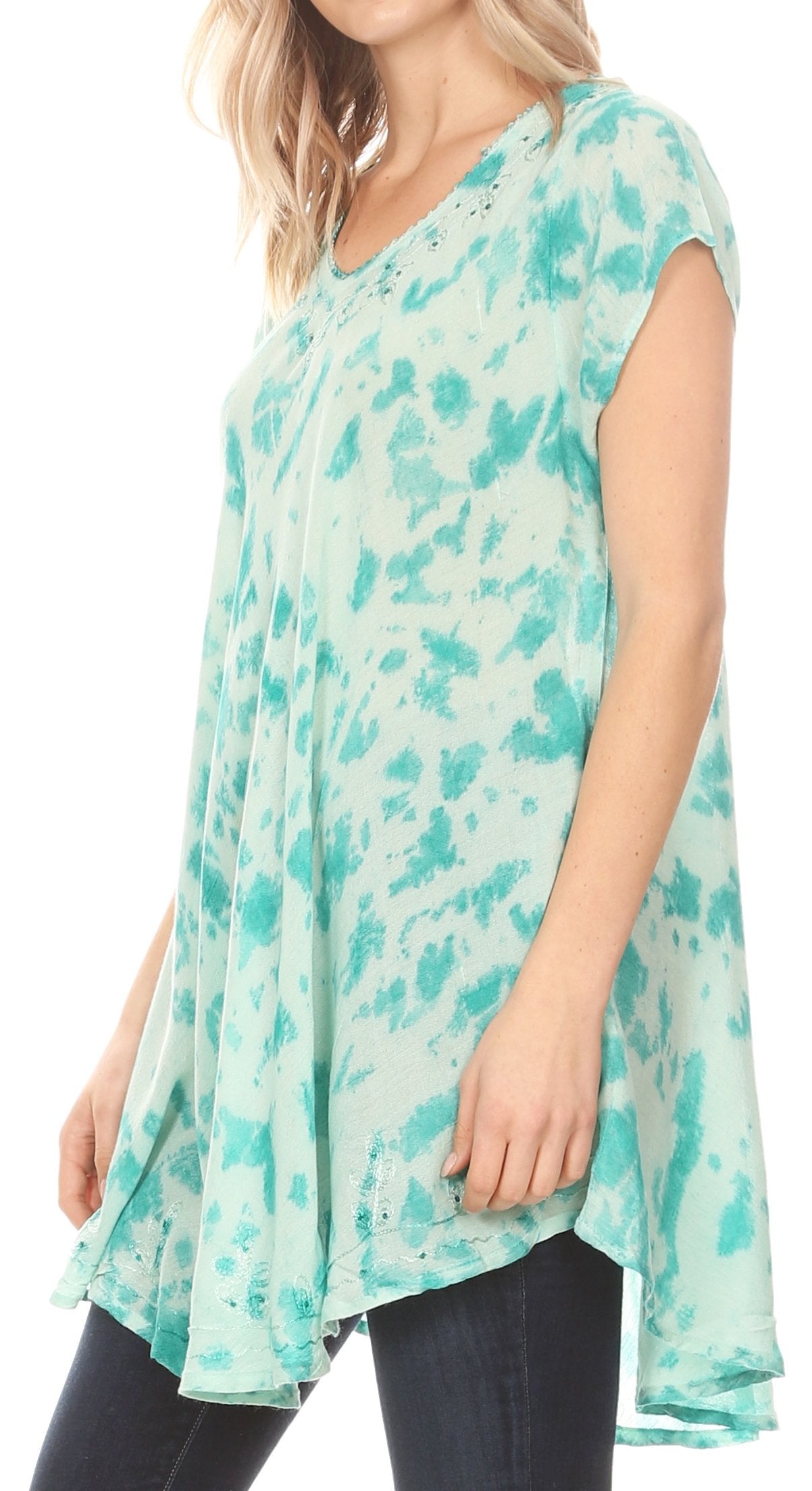 Vestido corto holgado estilo bohemio con cuello en V y mangas cortas Sakkas Xoana para mujer