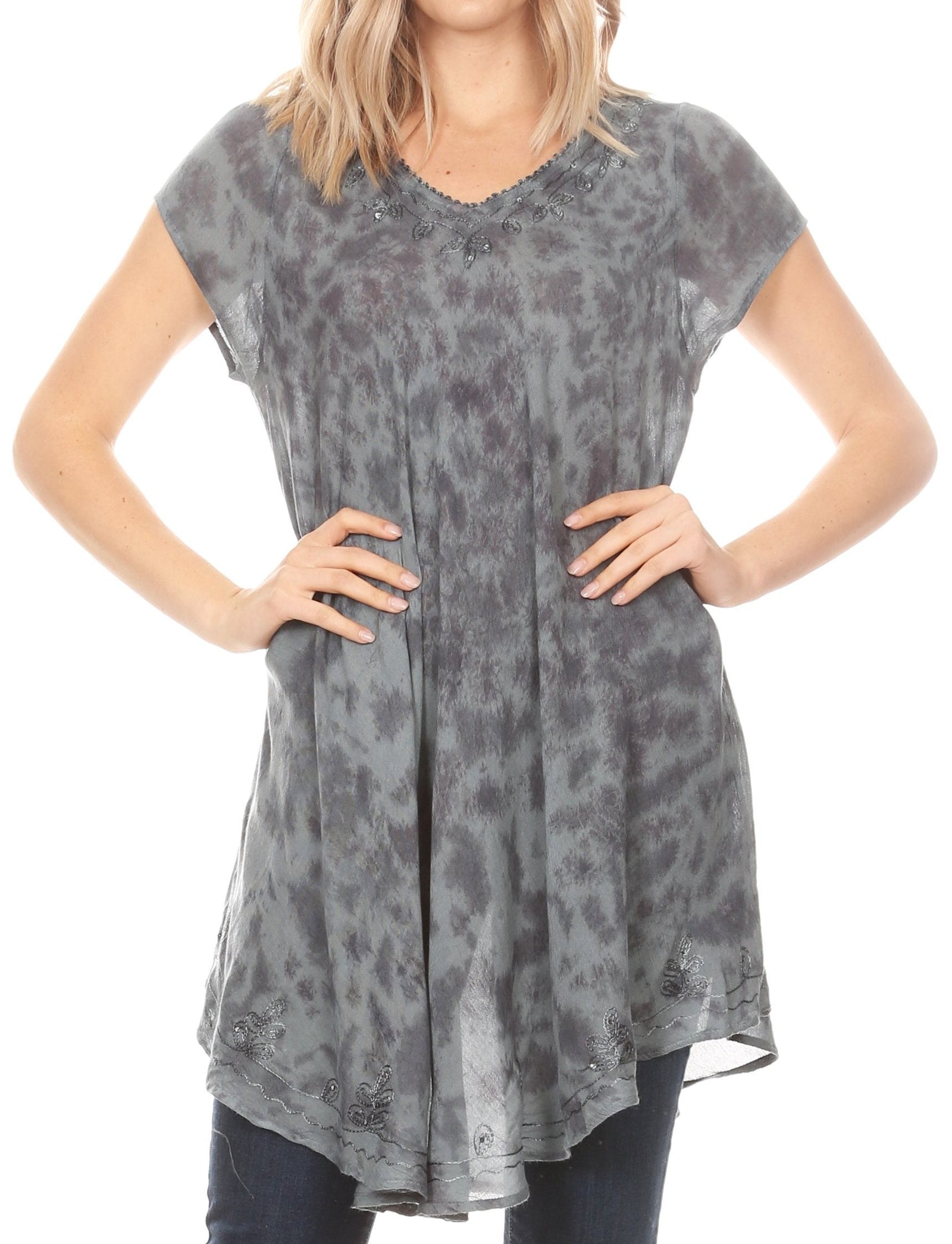Vestido corto holgado estilo bohemio con cuello en V y mangas cortas Sakkas Xoana para mujer