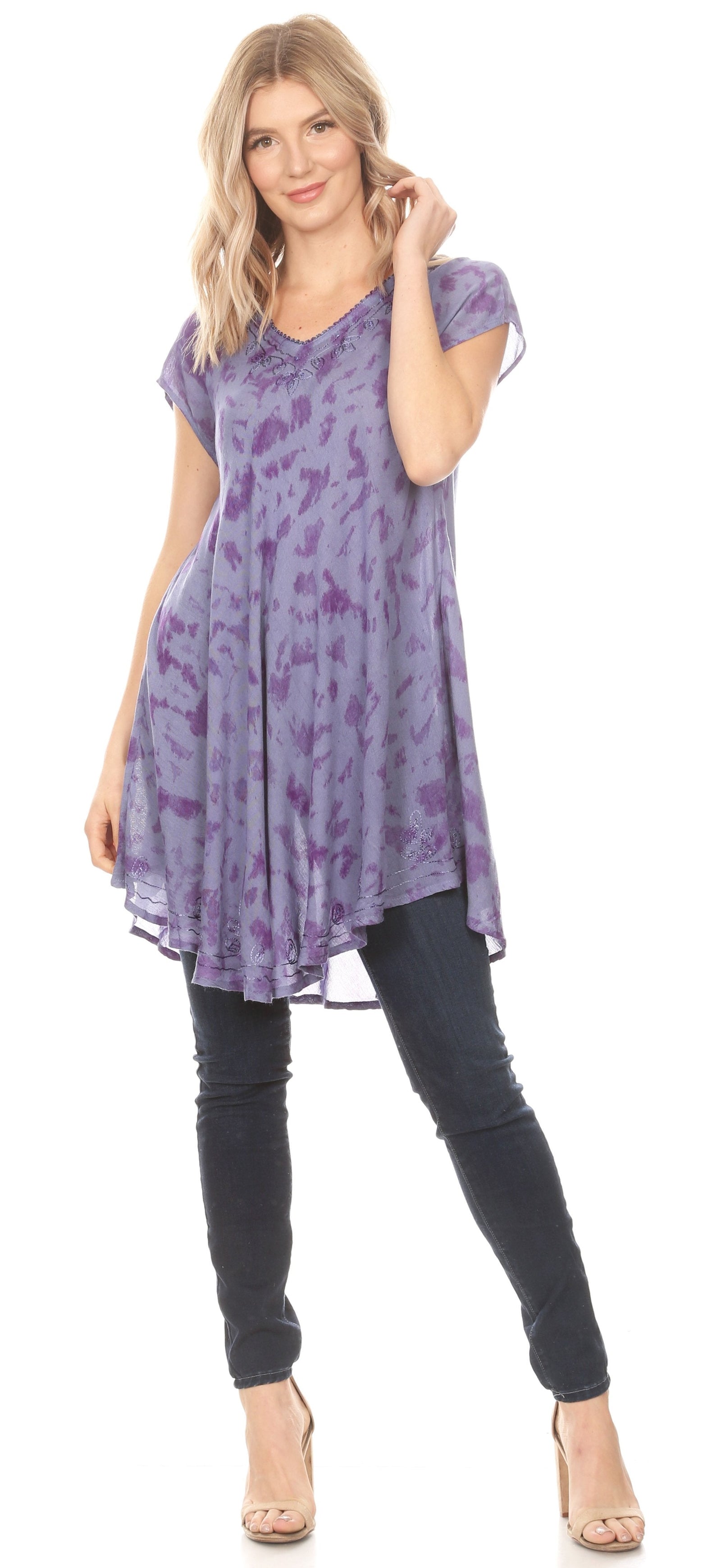 Vestido corto holgado estilo bohemio con cuello en V y mangas cortas Sakkas Xoana para mujer