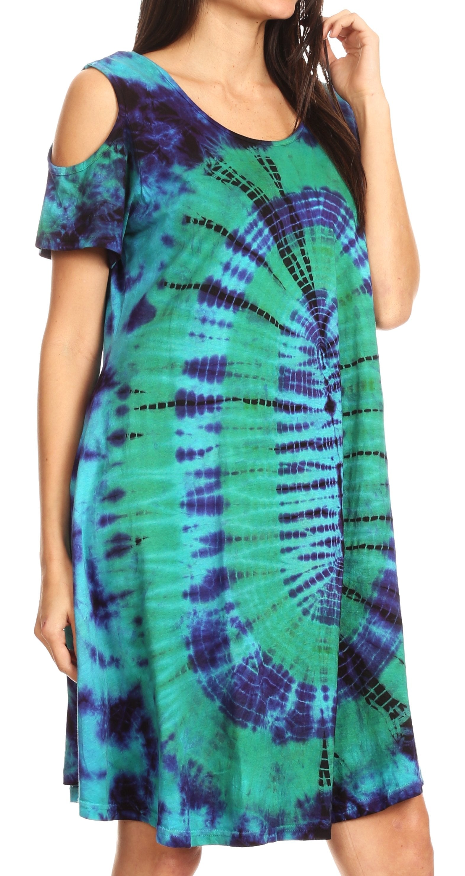 Vestido corto acampanado de punto con hombros descubiertos y manga corta para mujer de Sakkas Sienna
