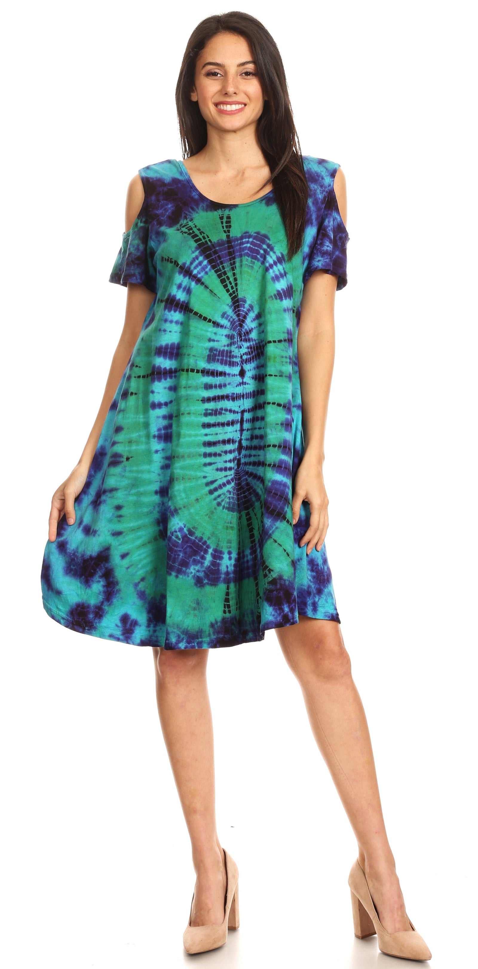 Vestido corto acampanado de punto con hombros descubiertos y manga corta para mujer de Sakkas Sienna