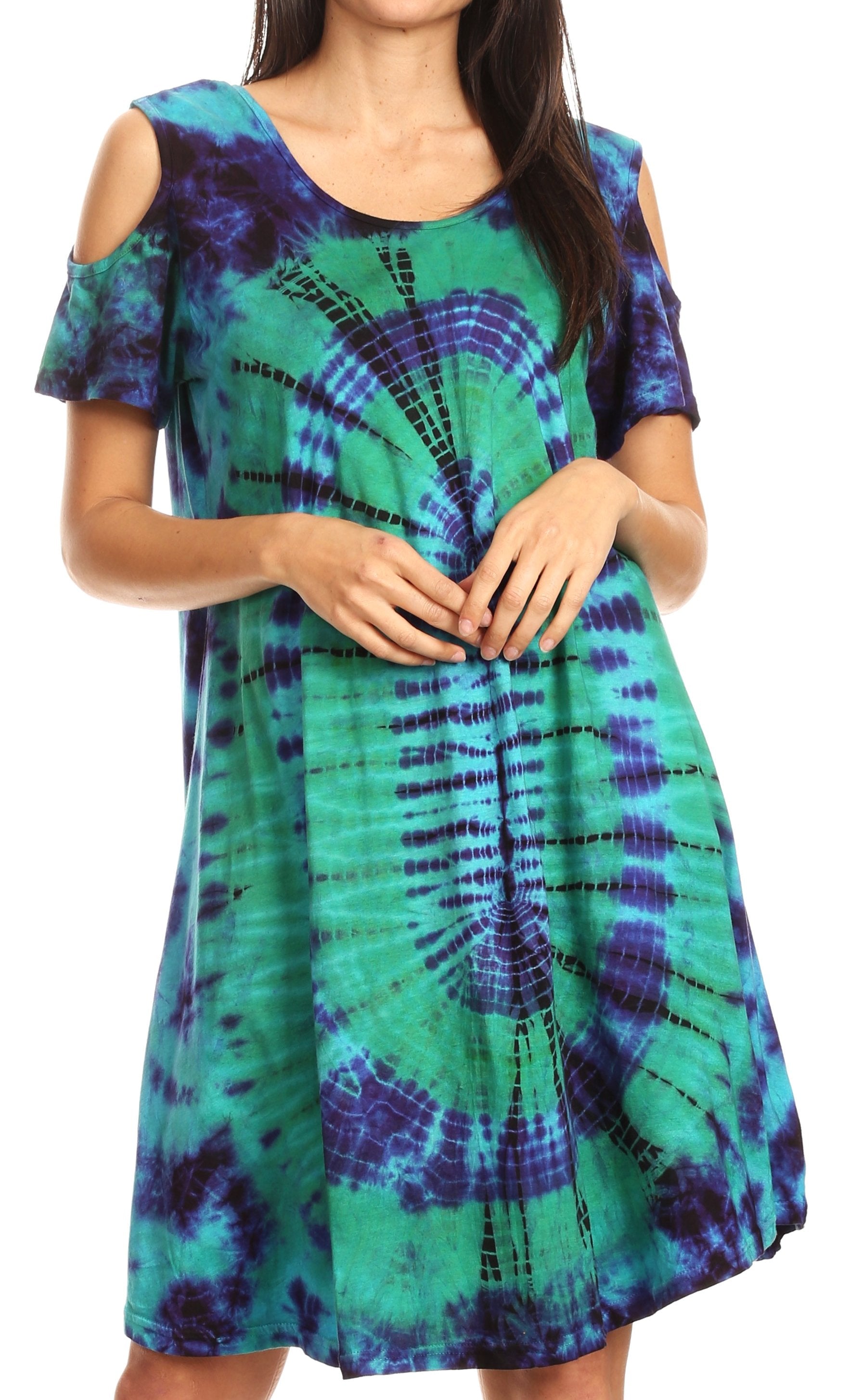 Vestido corto acampanado de punto con hombros descubiertos y manga corta para mujer de Sakkas Sienna
