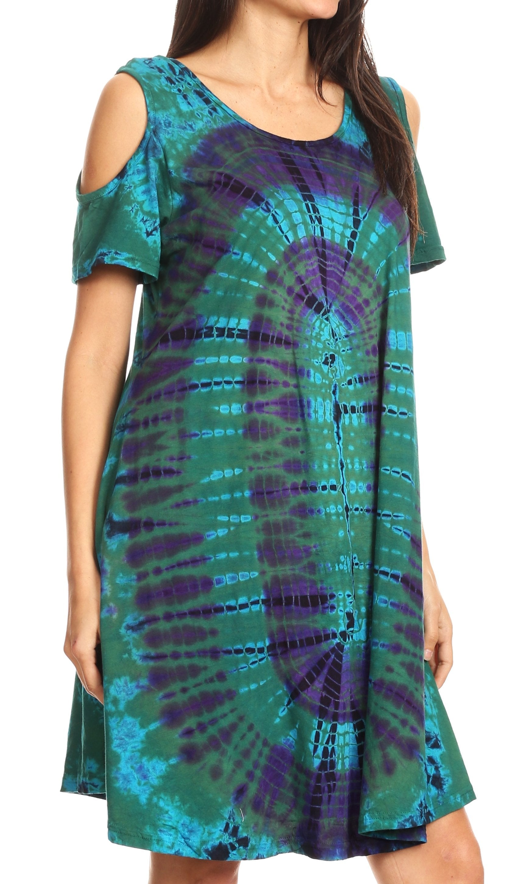 Vestido corto acampanado de punto con hombros descubiertos y manga corta para mujer de Sakkas Sienna