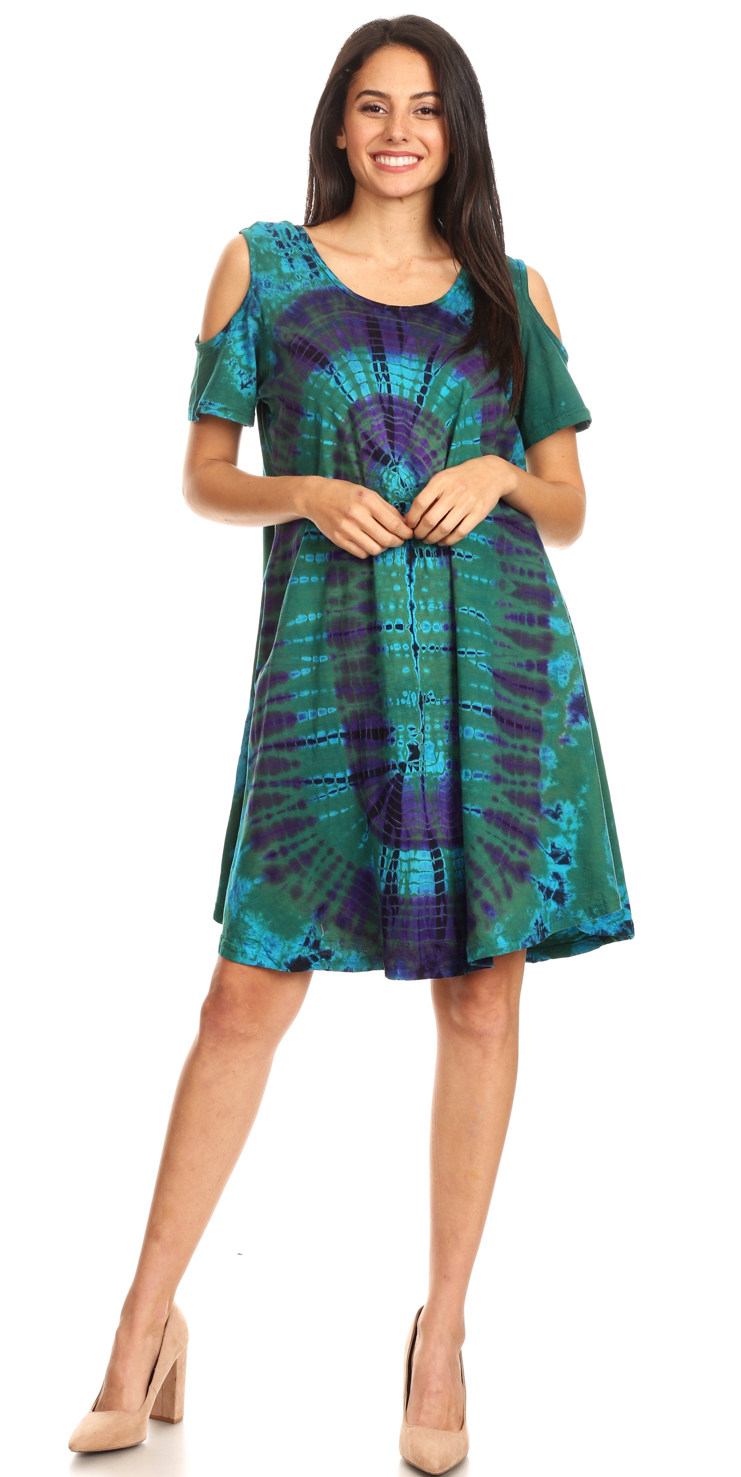 Vestido corto acampanado de punto con hombros descubiertos y manga corta para mujer de Sakkas Sienna