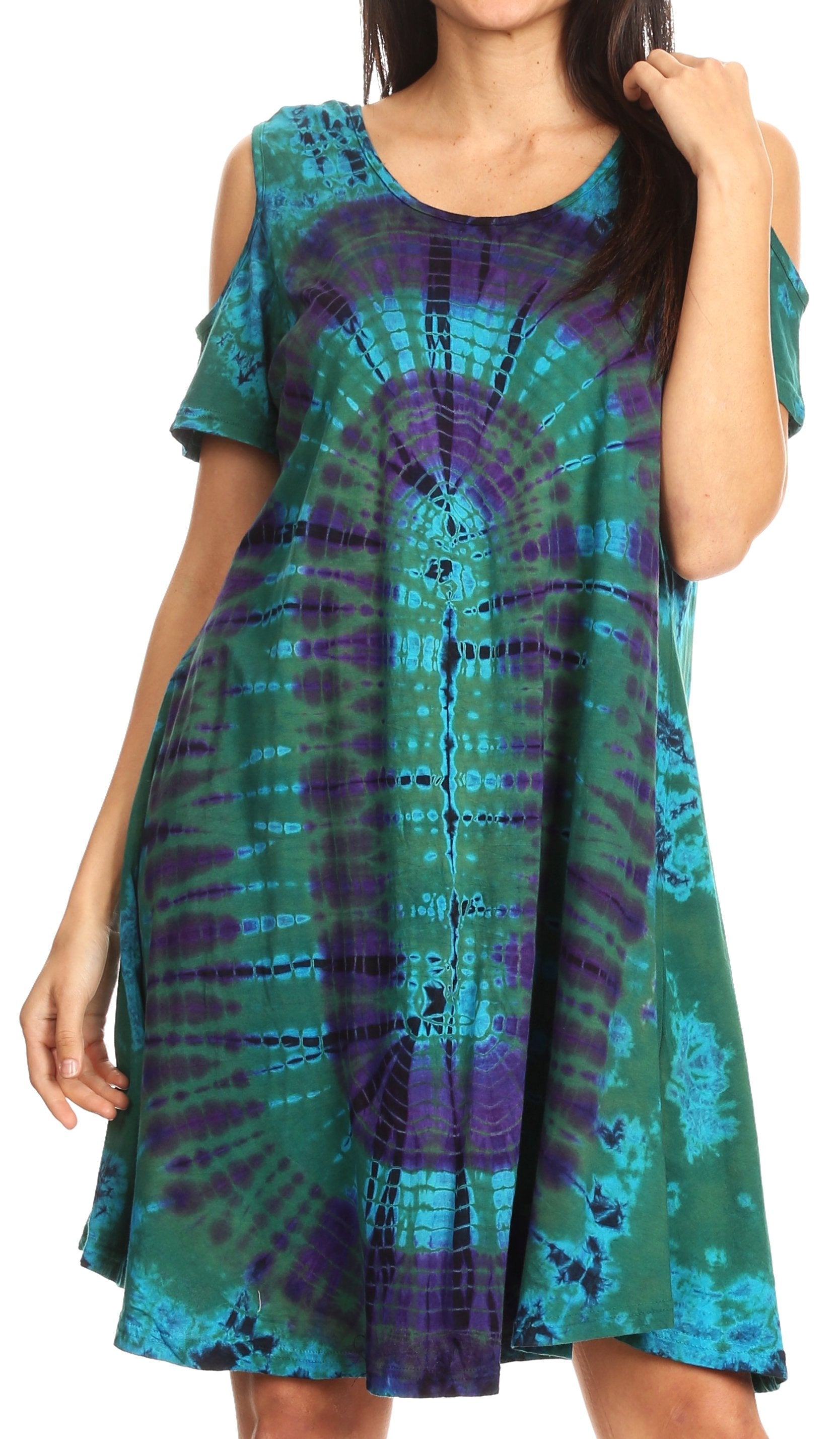 Vestido corto acampanado de punto con hombros descubiertos y manga corta para mujer de Sakkas Sienna