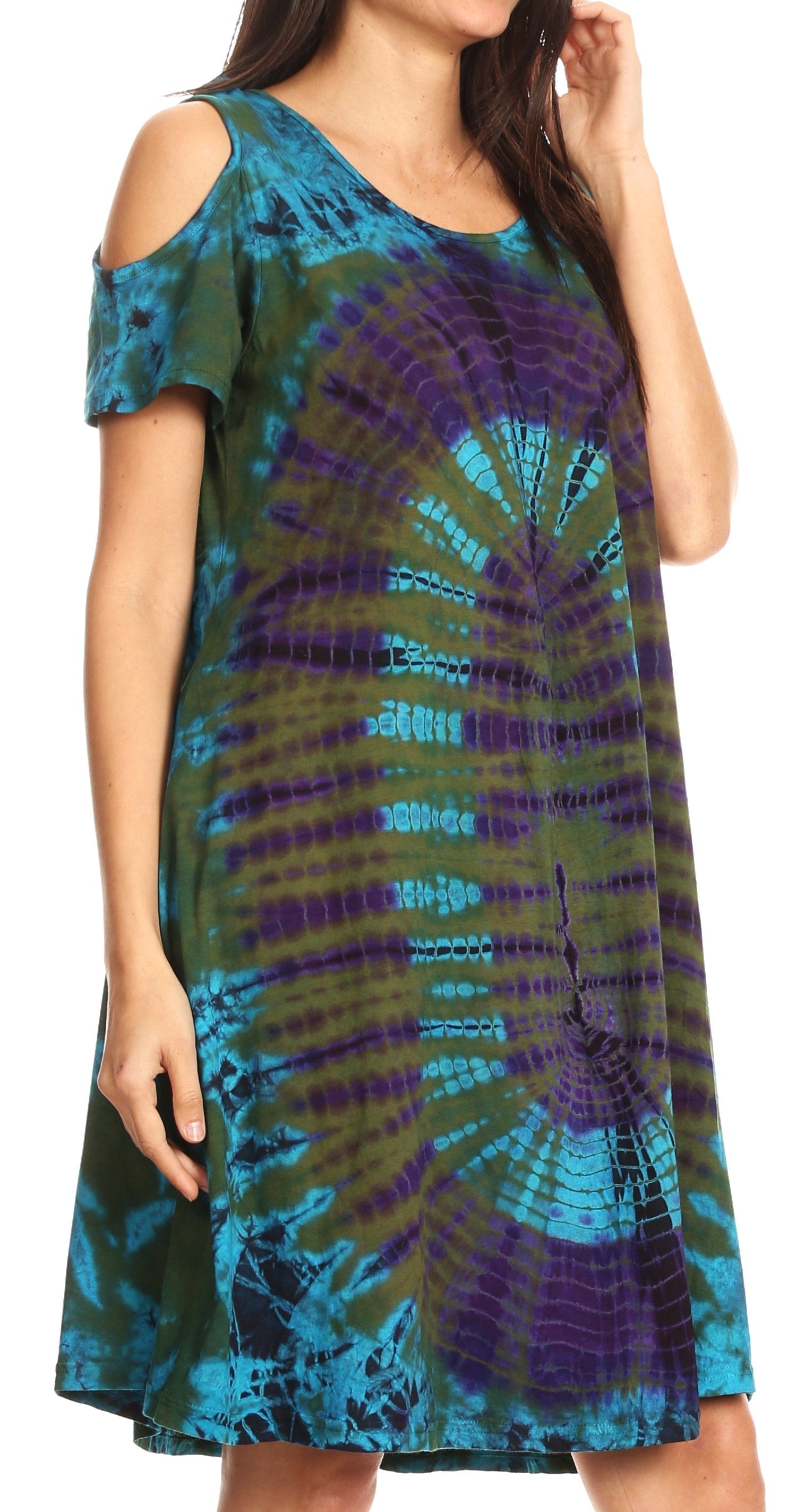 Vestido corto acampanado de punto con hombros descubiertos y manga corta para mujer de Sakkas Sienna