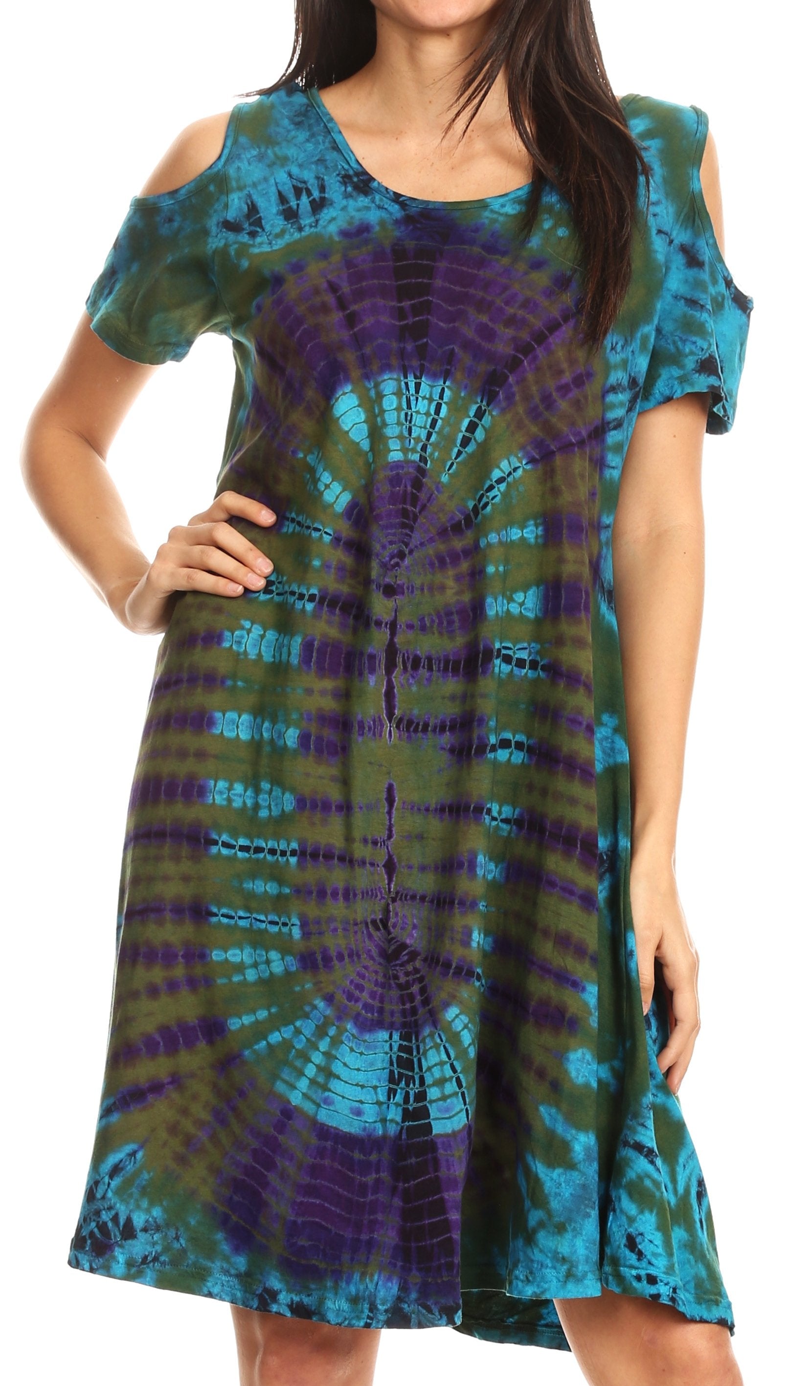 Vestido corto acampanado de punto con hombros descubiertos y manga corta para mujer de Sakkas Sienna