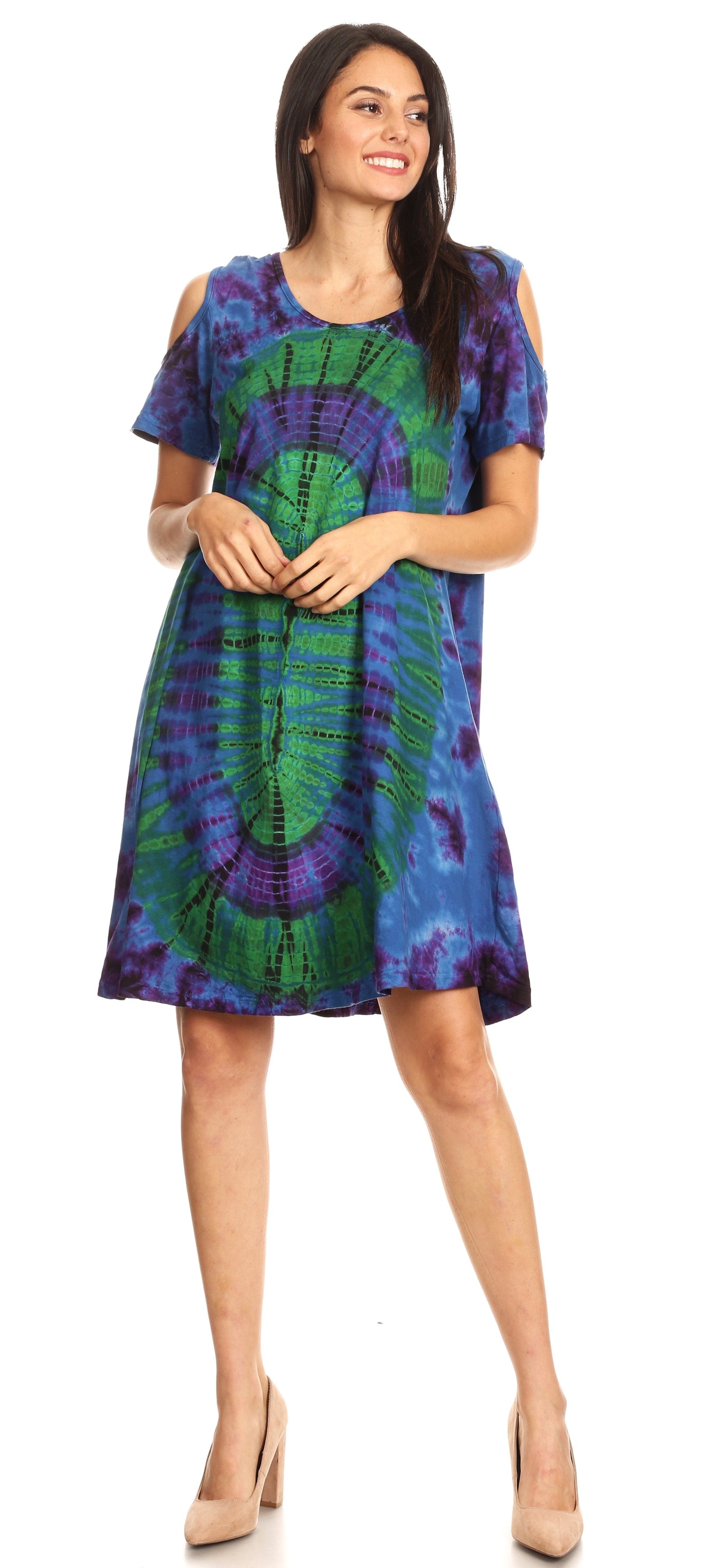 Vestido corto acampanado de punto con hombros descubiertos y manga corta para mujer de Sakkas Sienna