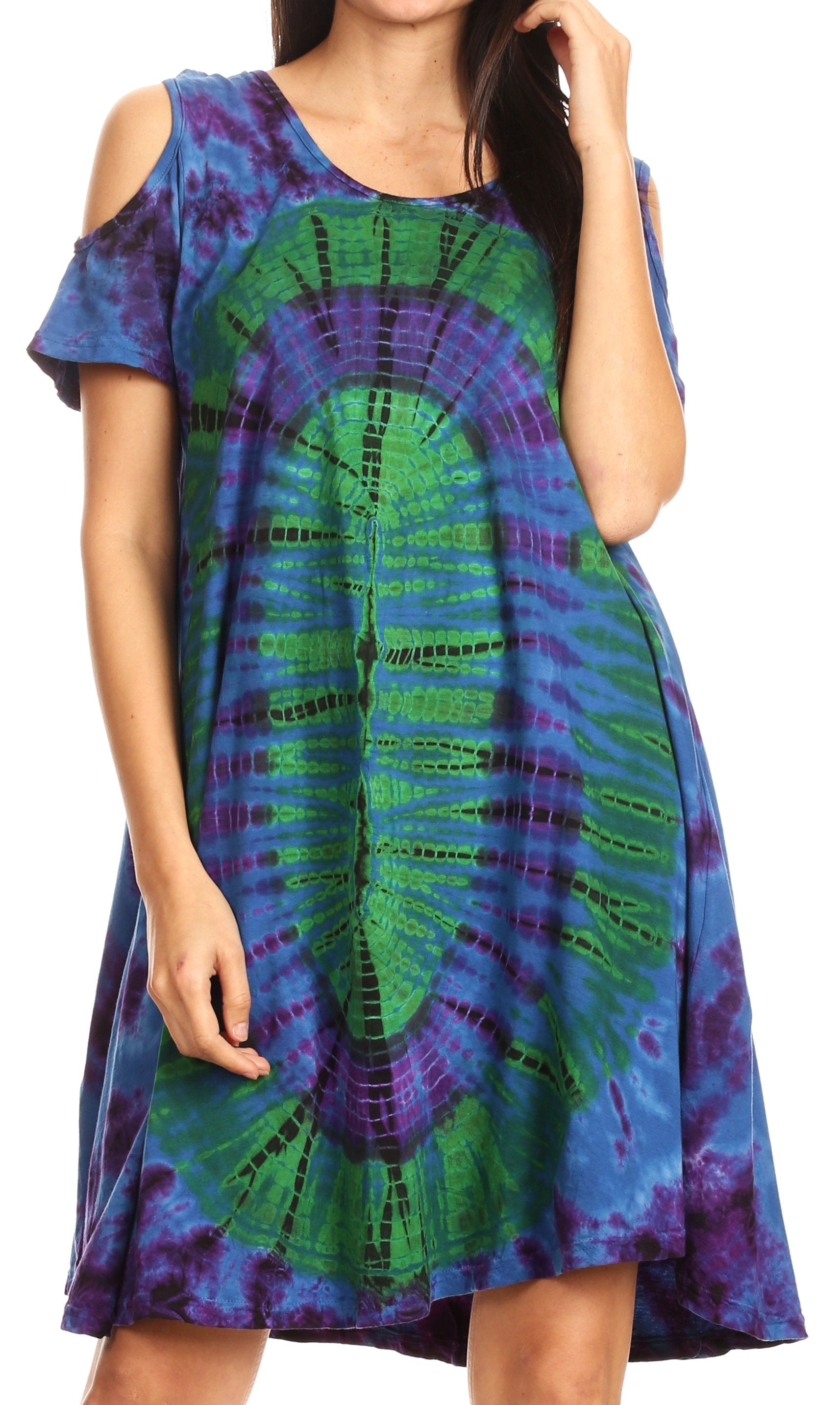 Vestido corto acampanado de punto con hombros descubiertos y manga corta para mujer de Sakkas Sienna