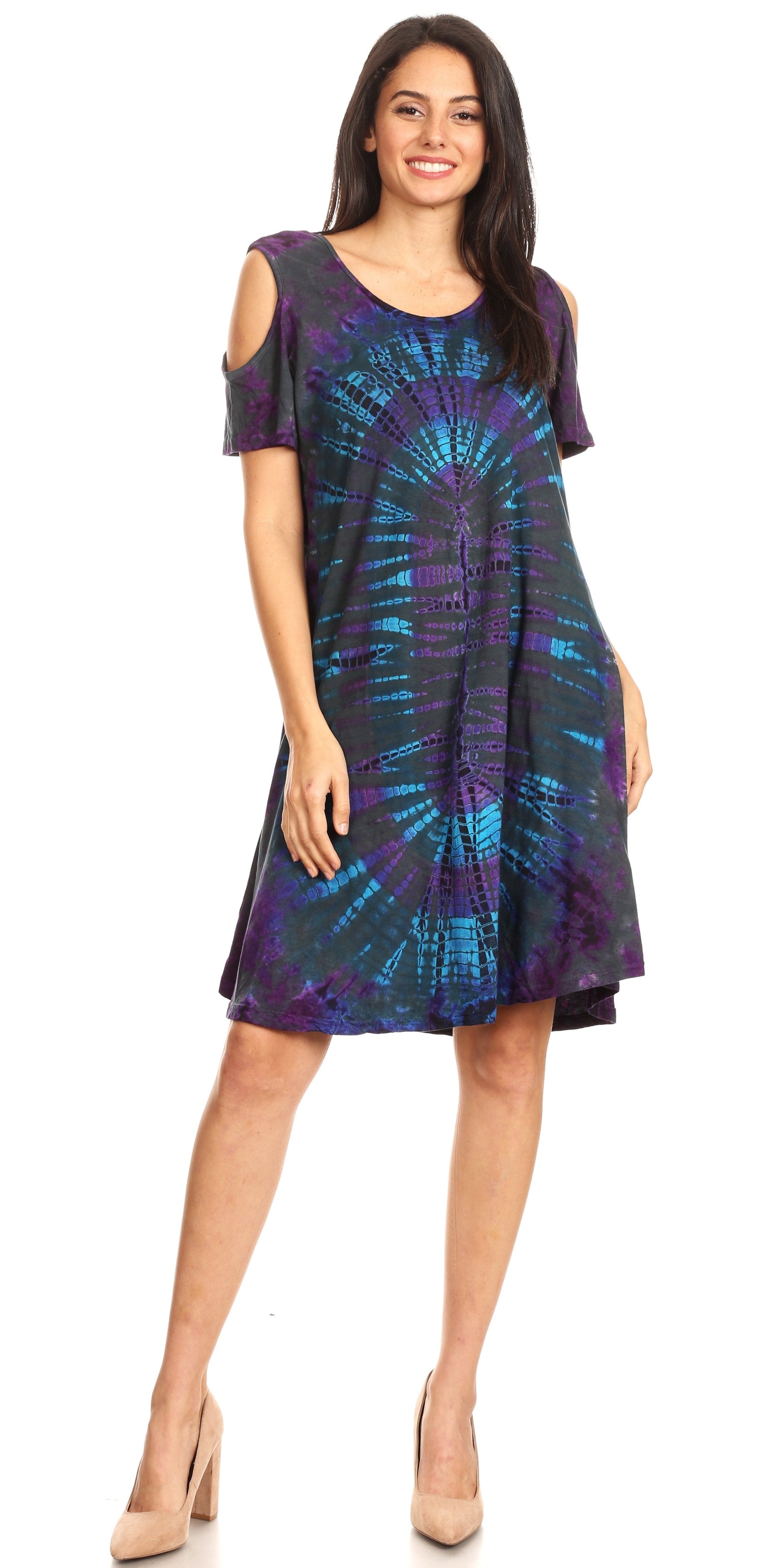 Vestido corto acampanado de punto con hombros descubiertos y manga corta para mujer de Sakkas Sienna