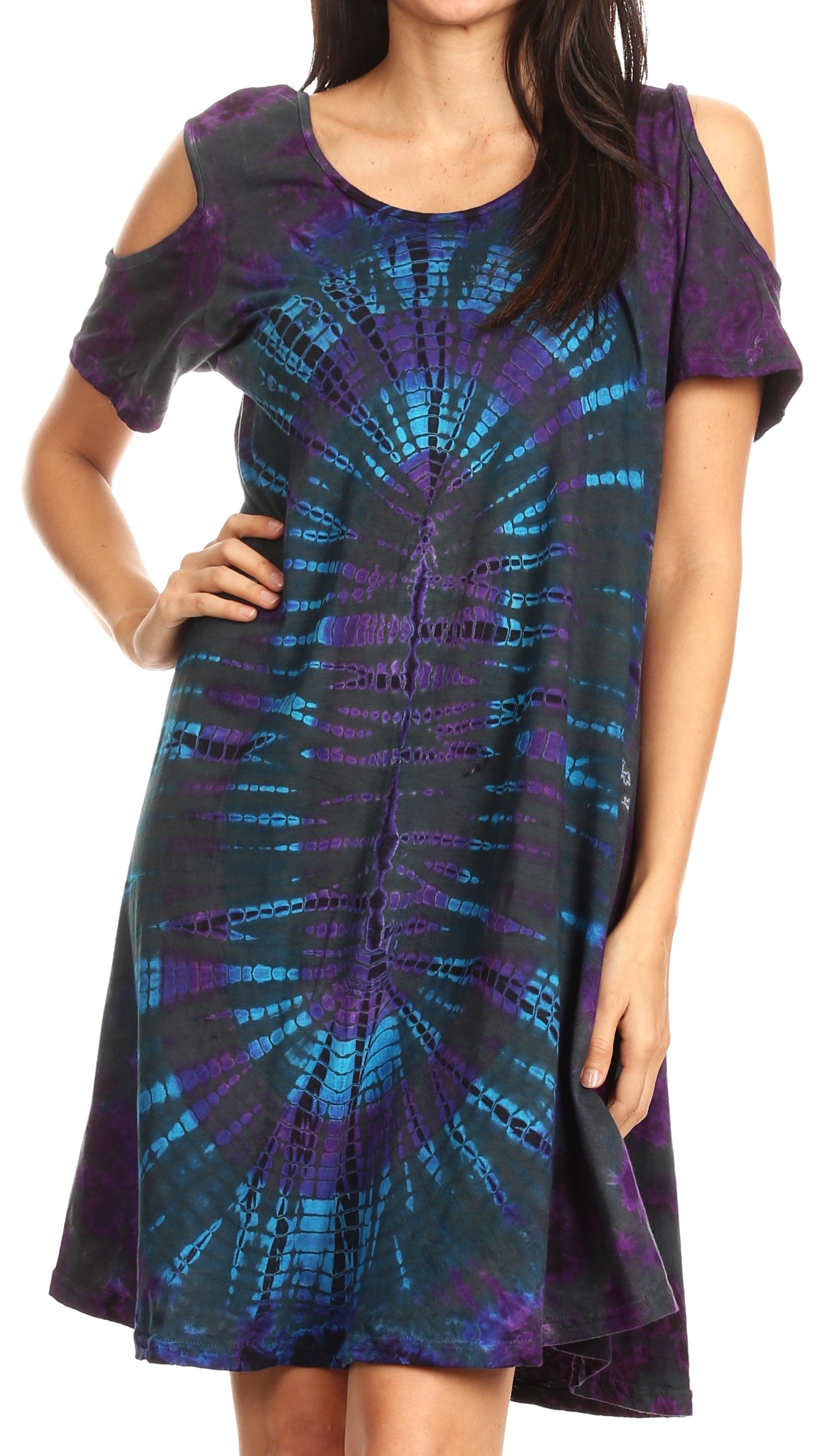 Vestido corto acampanado de punto con hombros descubiertos y manga corta para mujer de Sakkas Sienna
