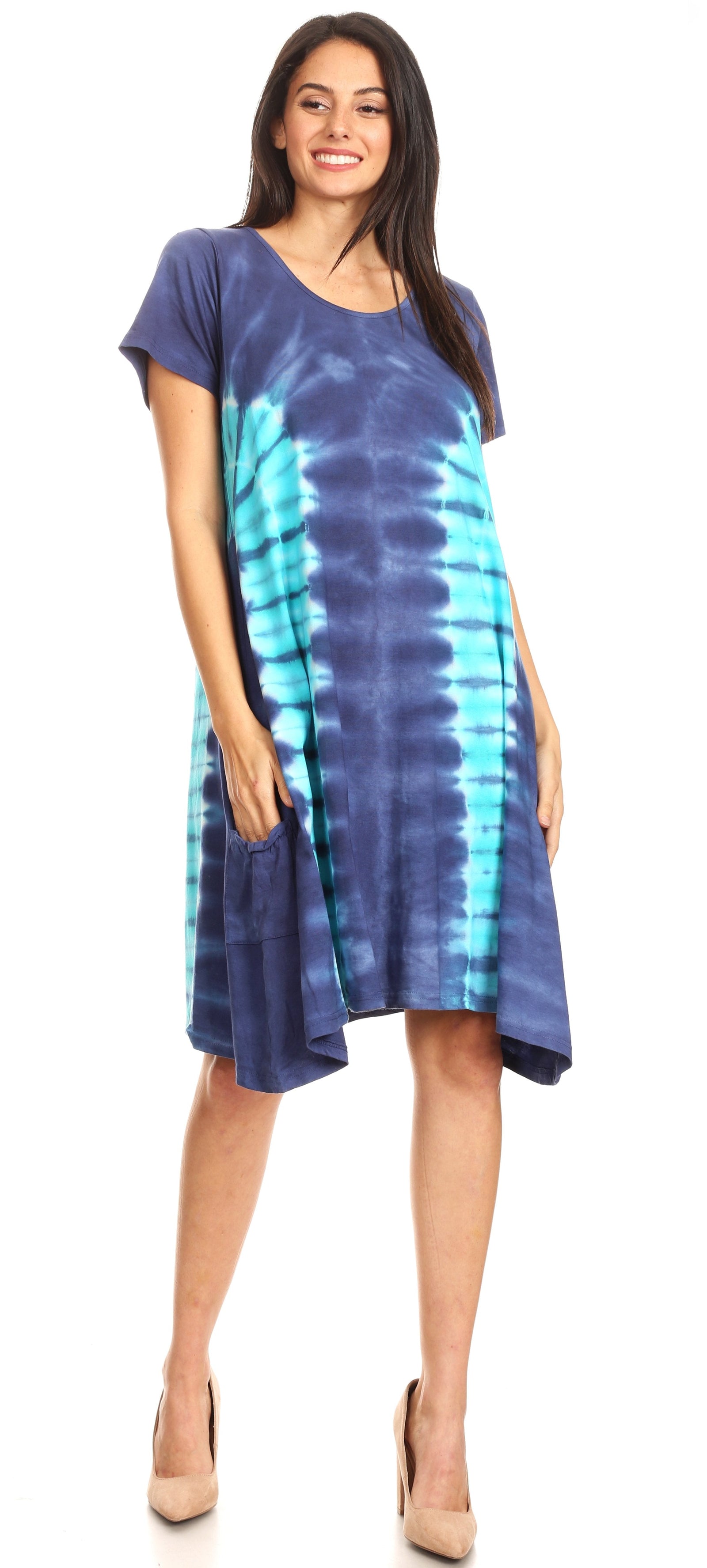 Vestido Sirena de mujer, informal, holgado, liso, de manga corta y escote redondo, estilo midi, acampanado, de Sakkas
