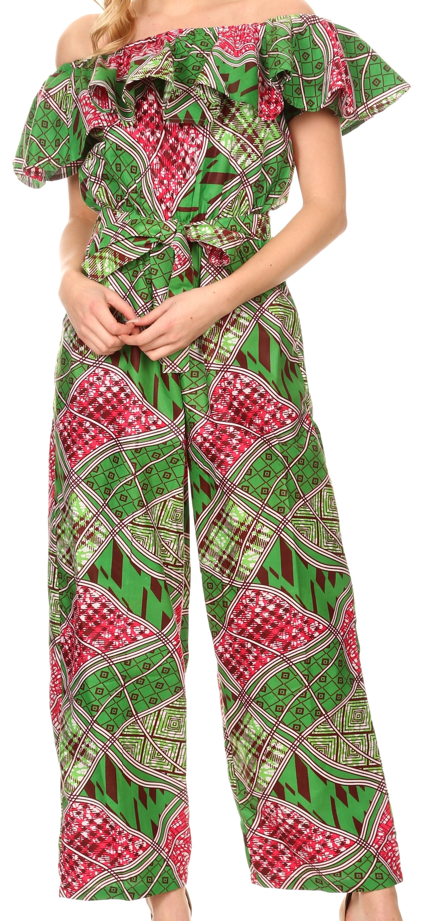 Mono largo con hombros descubiertos y volantes Sakkas Lelisa con bolsillos, tejido africano encerado Ankara holandés