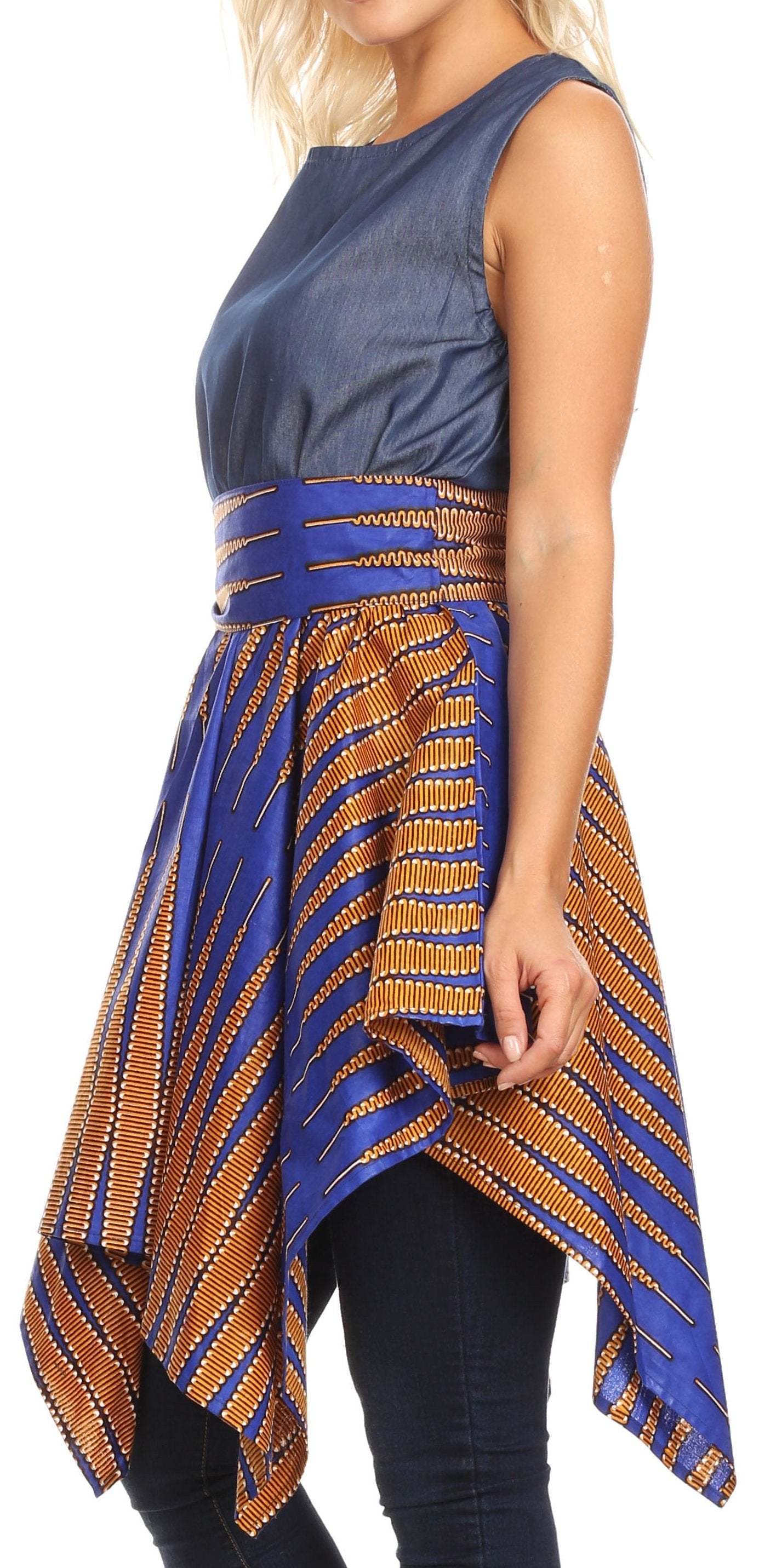 Vestido de cóctel sin mangas Sakkas Lani para mujer, con corte alto y bajo, estampado africano y bolsillos