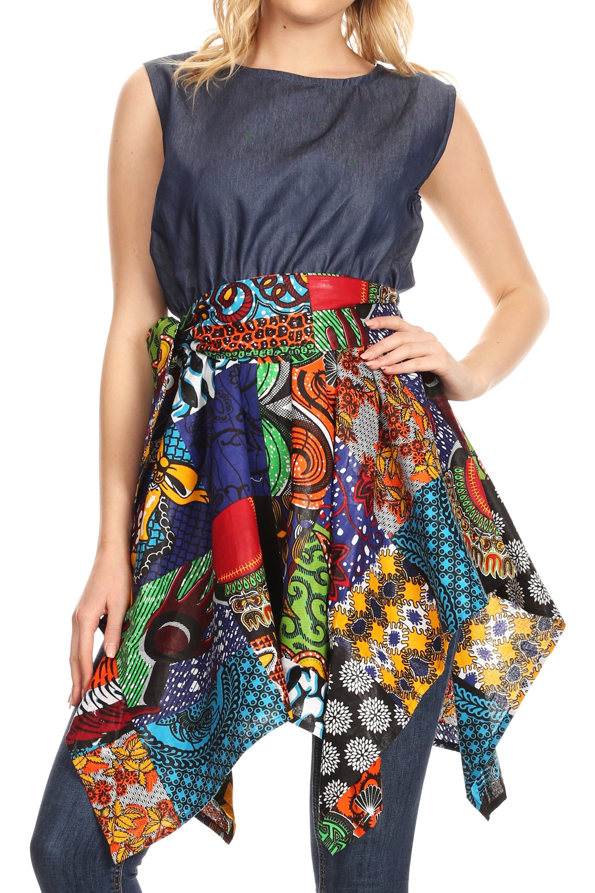 Vestido de cóctel sin mangas Sakkas Lani para mujer, con corte alto y bajo, estampado africano y bolsillos