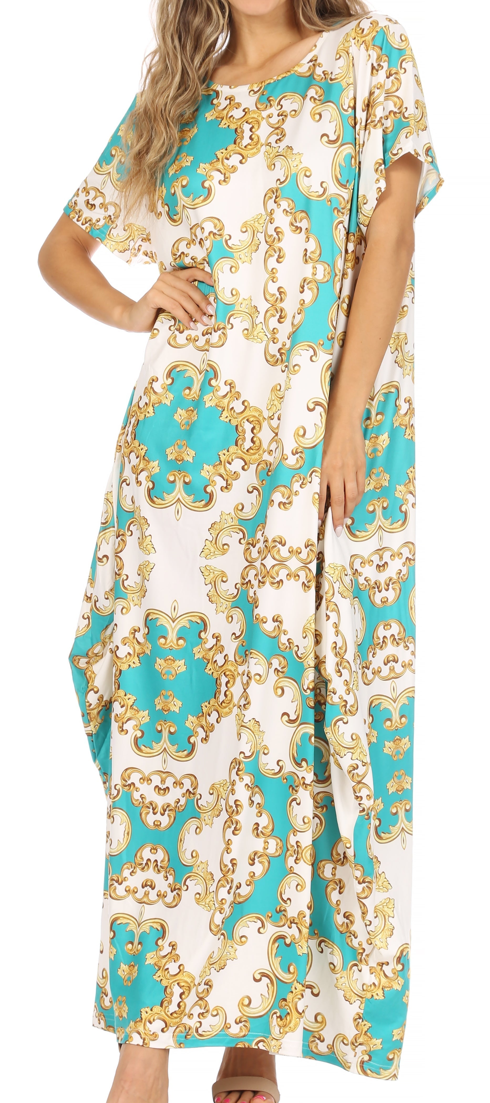Sakkas Abeni Women's Short Sleeve Casual Print Long Maxi Cover-up Caftan Dress