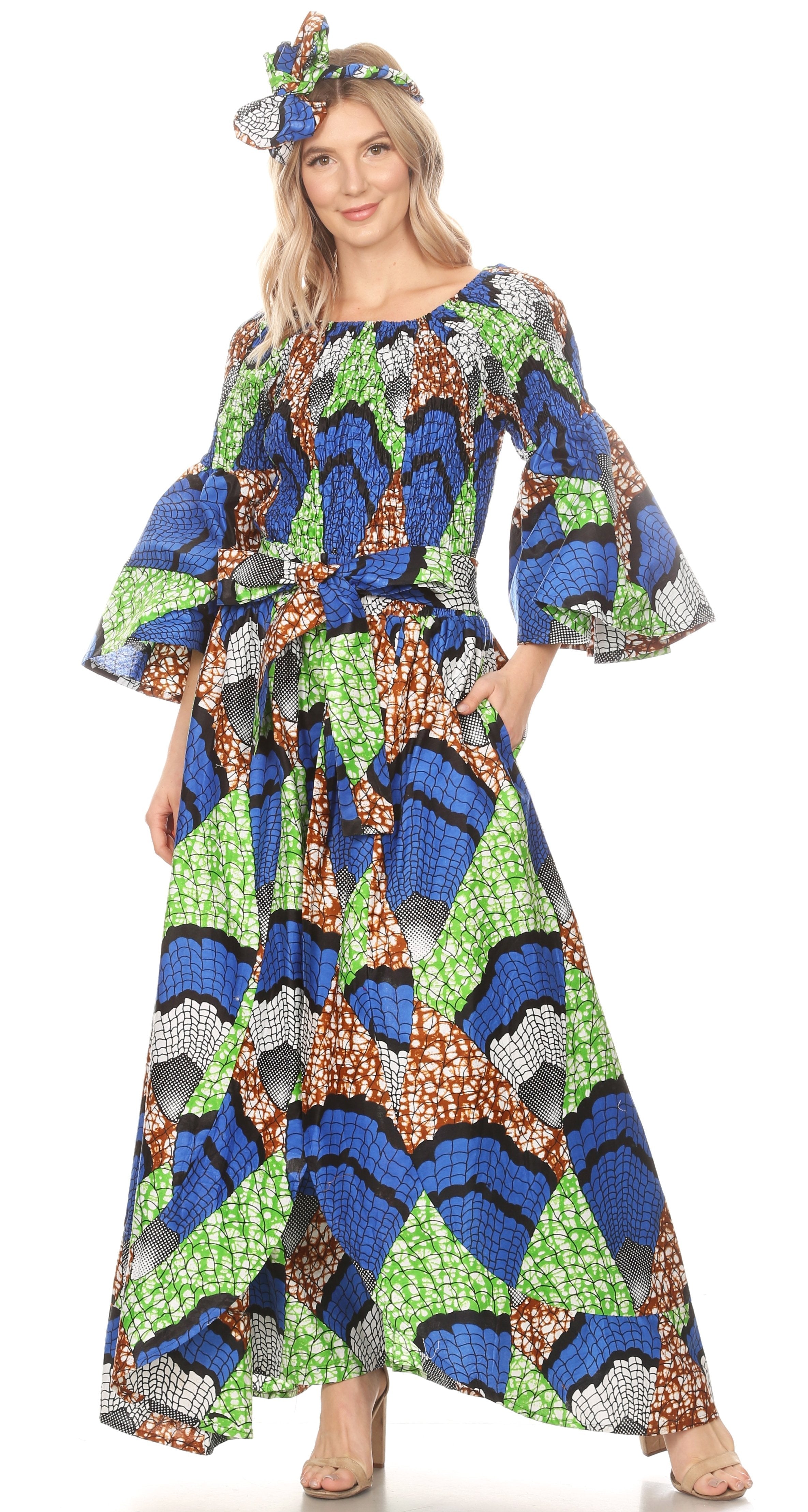 Conjunto de pantalón y top con hombros descubiertos para mujer de Sakkas Tesa con estampado africano Ankara y bolsillos