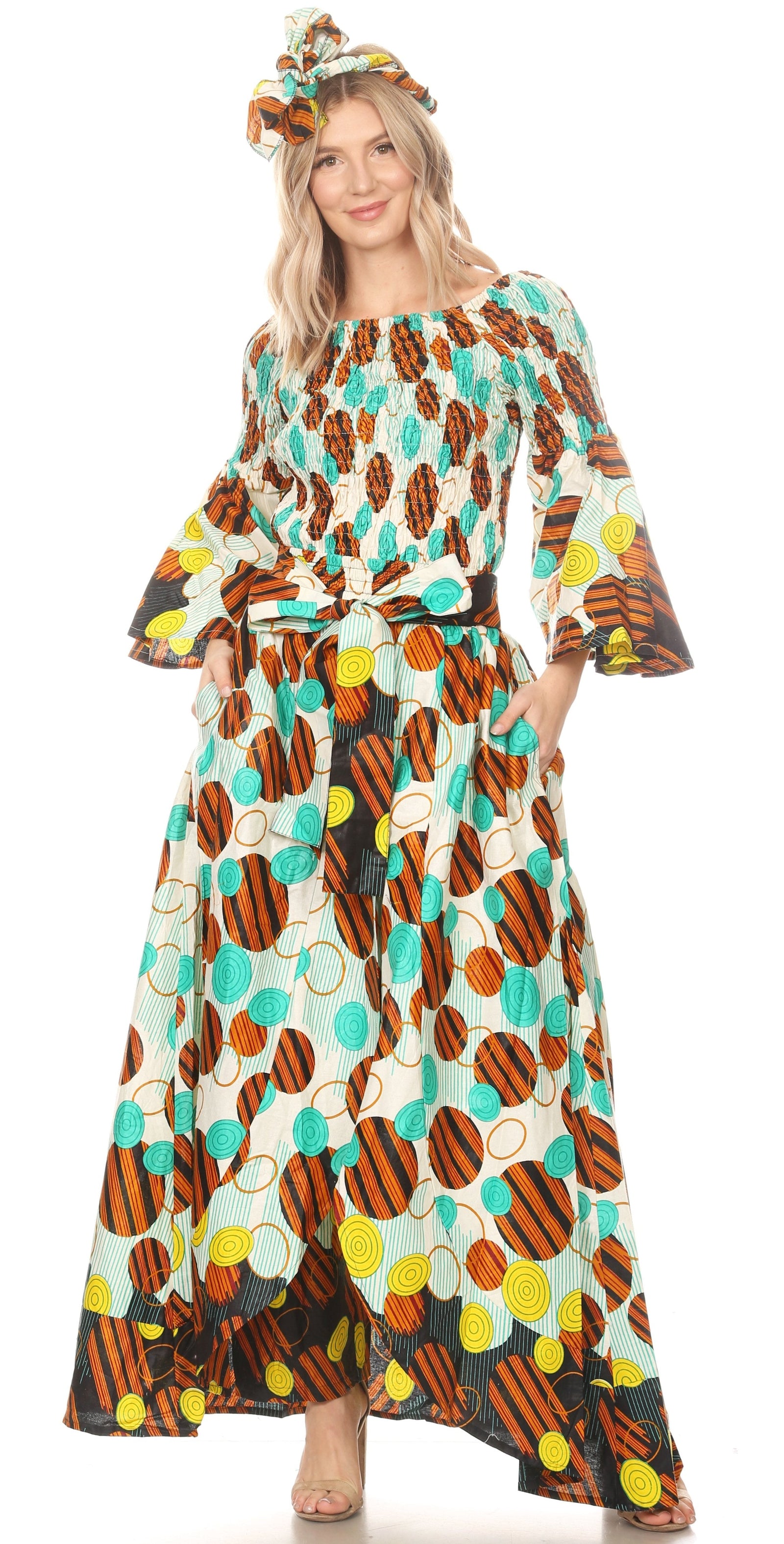 Conjunto de pantalón y top con hombros descubiertos para mujer de Sakkas Tesa con estampado africano Ankara y bolsillos