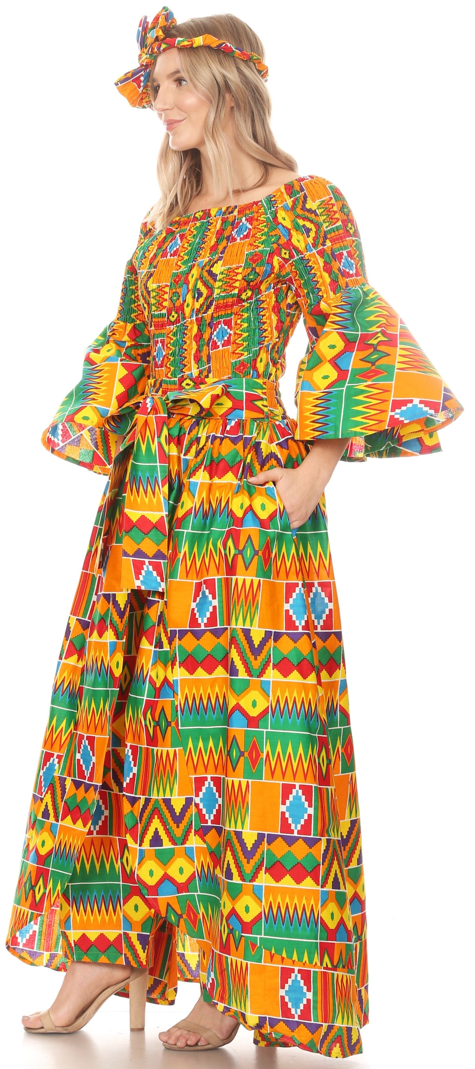 Conjunto de pantalón y top con hombros descubiertos para mujer de Sakkas Tesa con estampado africano Ankara y bolsillos