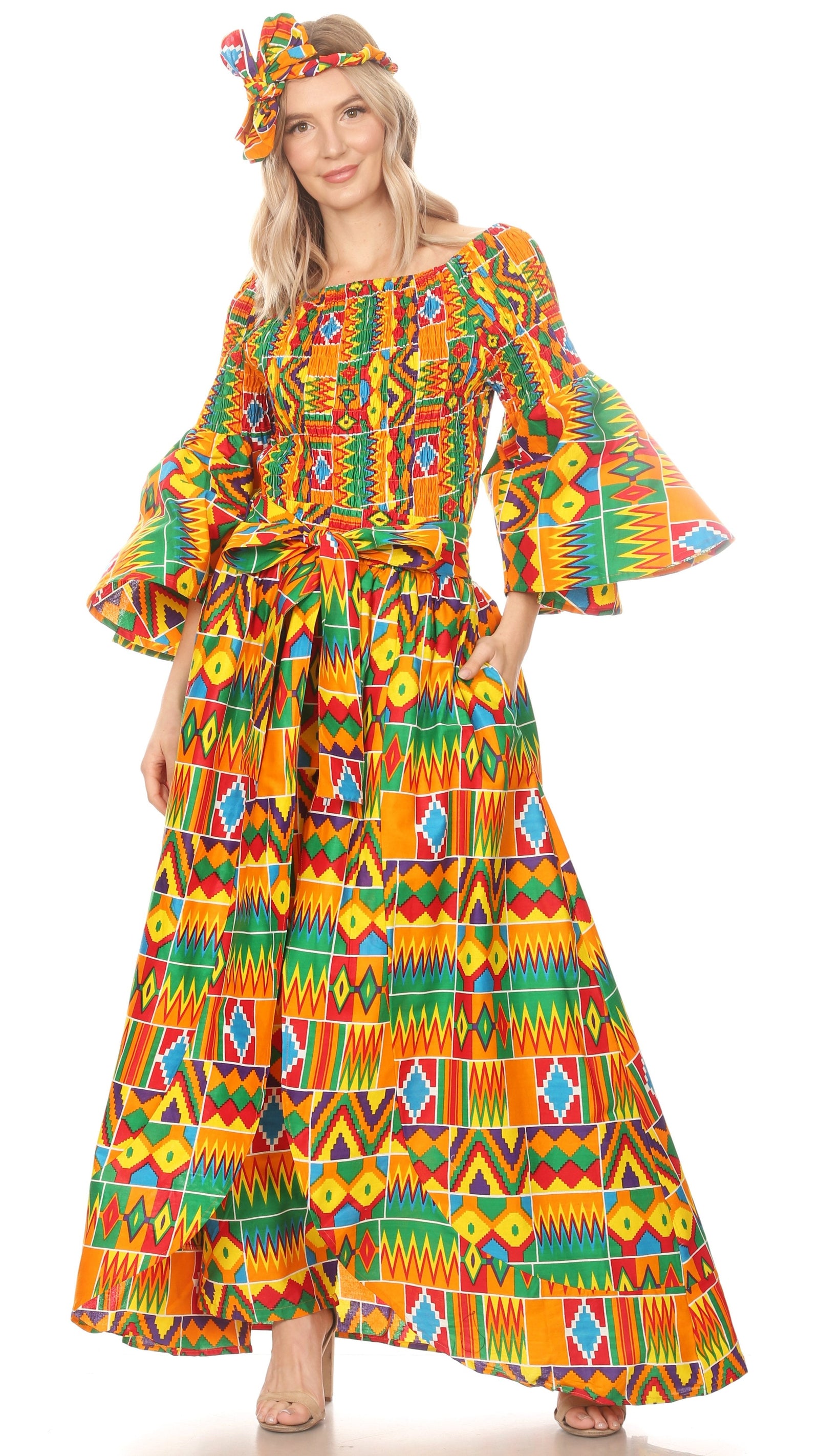 Conjunto de pantalón y top con hombros descubiertos para mujer de Sakkas Tesa con estampado africano Ankara y bolsillos