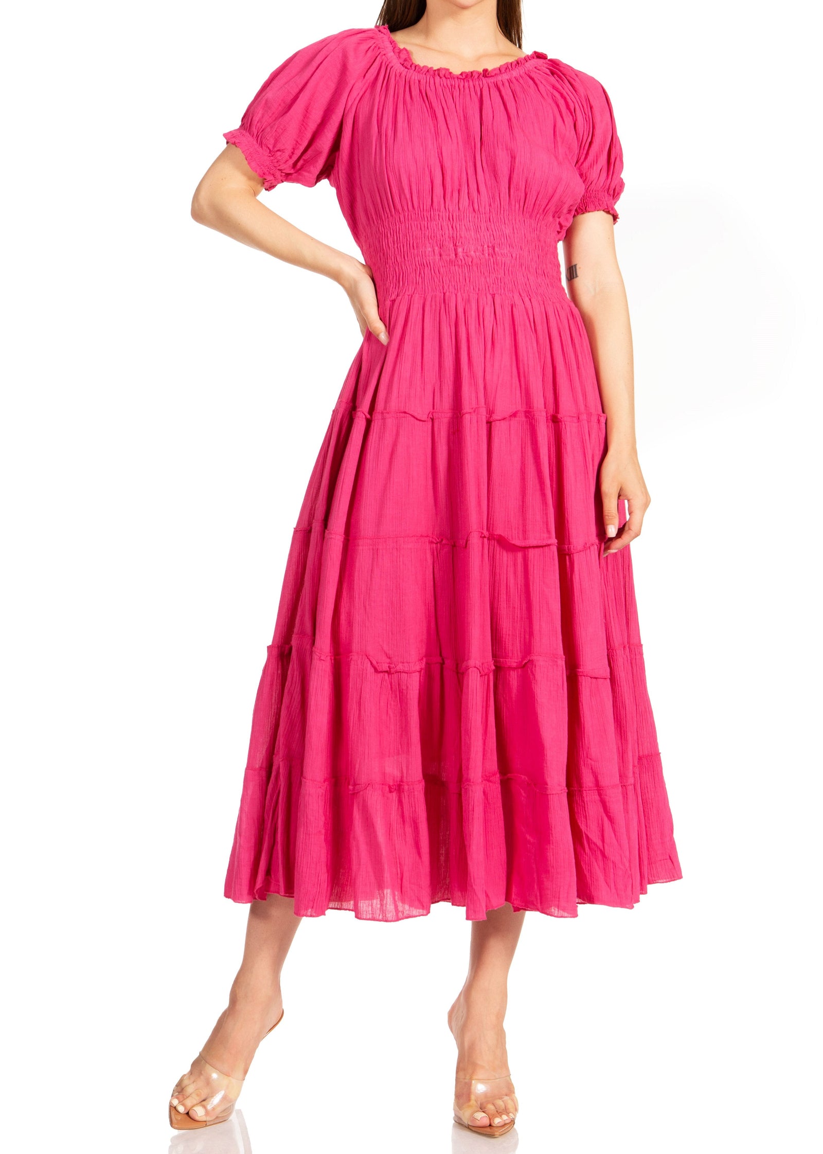 Sakkas Cotton Crepe Smocked Peasant Gypsy Boho Renaissance Mid Length Dress