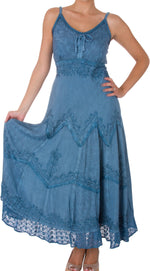 Sakkas Stonewashed Rayon Embroidered Adjustable Spaghetti Straps Long Dress