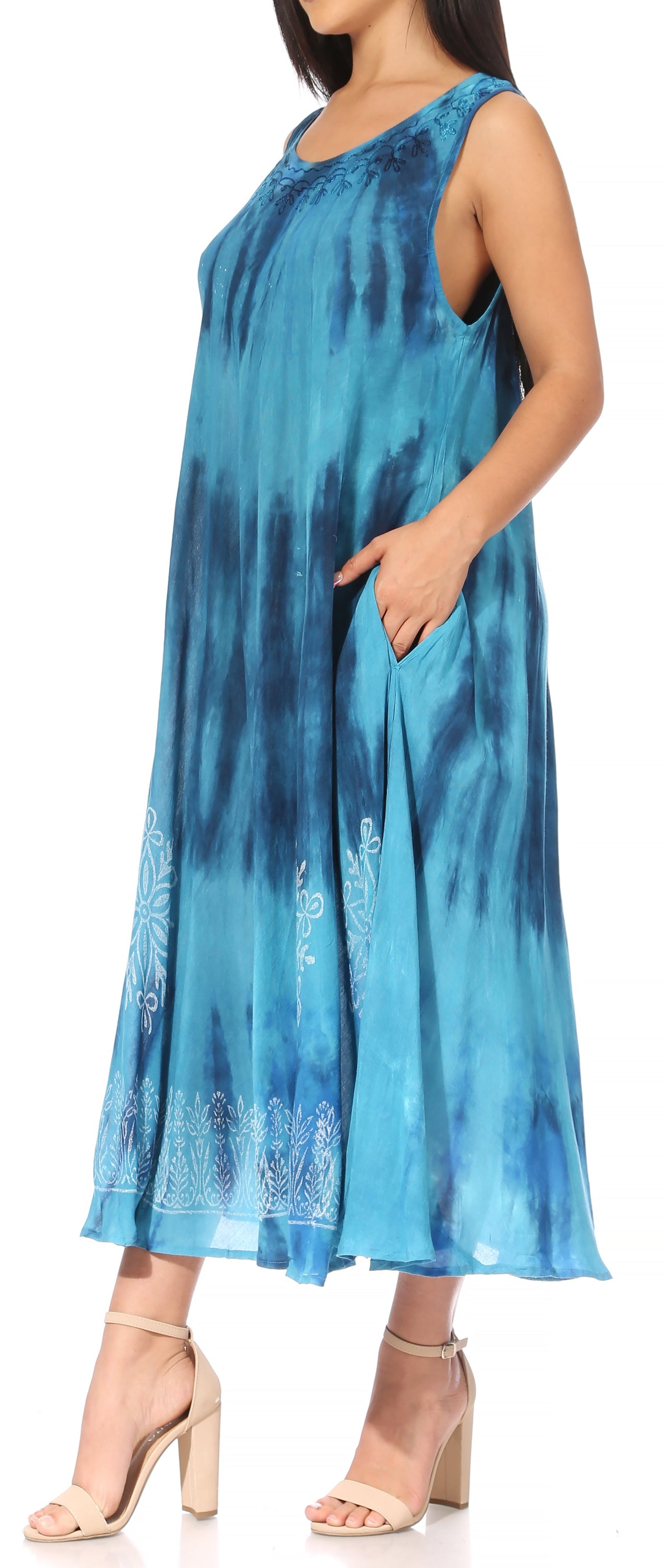 Vestido caftán maxi sin mangas Sakkas Liza para mujer, para uso informal de verano, con estilo bohemio y prácticos bolsillos.