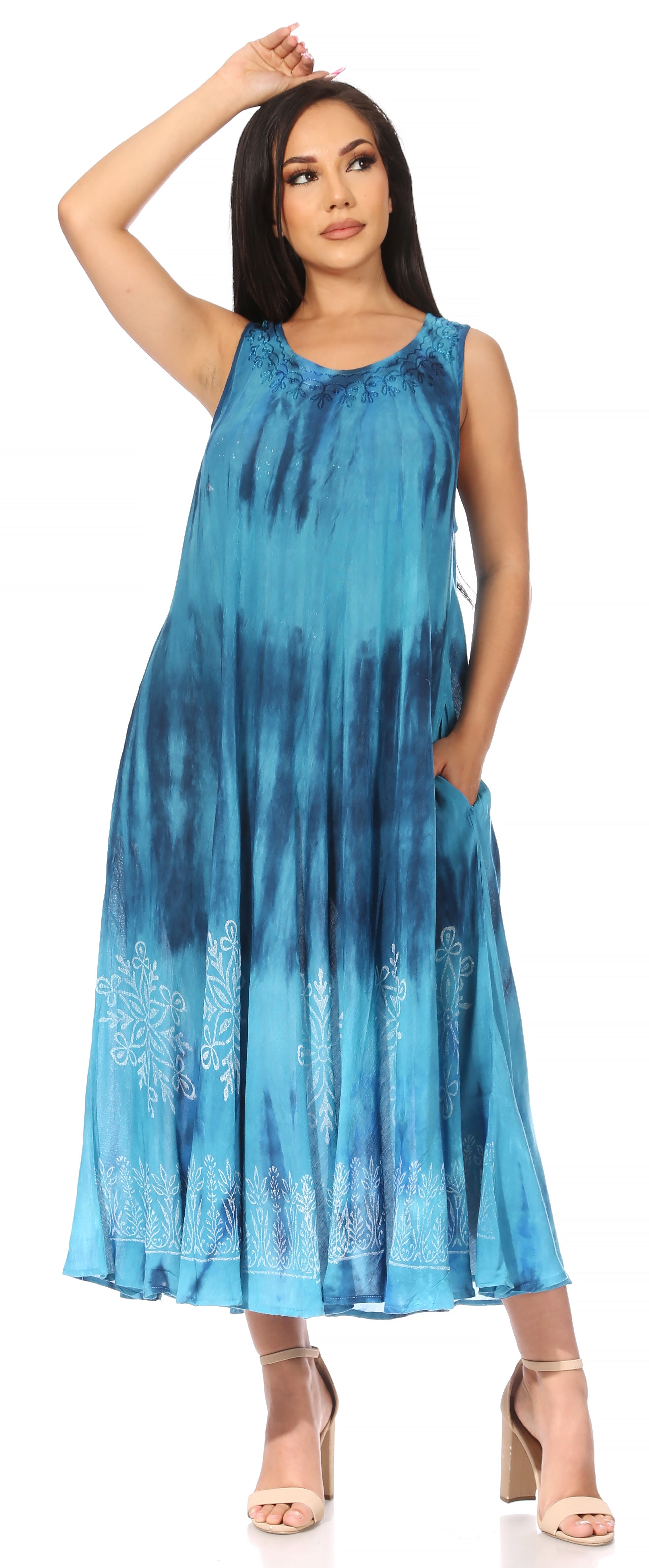 Vestido caftán maxi sin mangas Sakkas Liza para mujer, para uso informal de verano, con estilo bohemio y prácticos bolsillos.