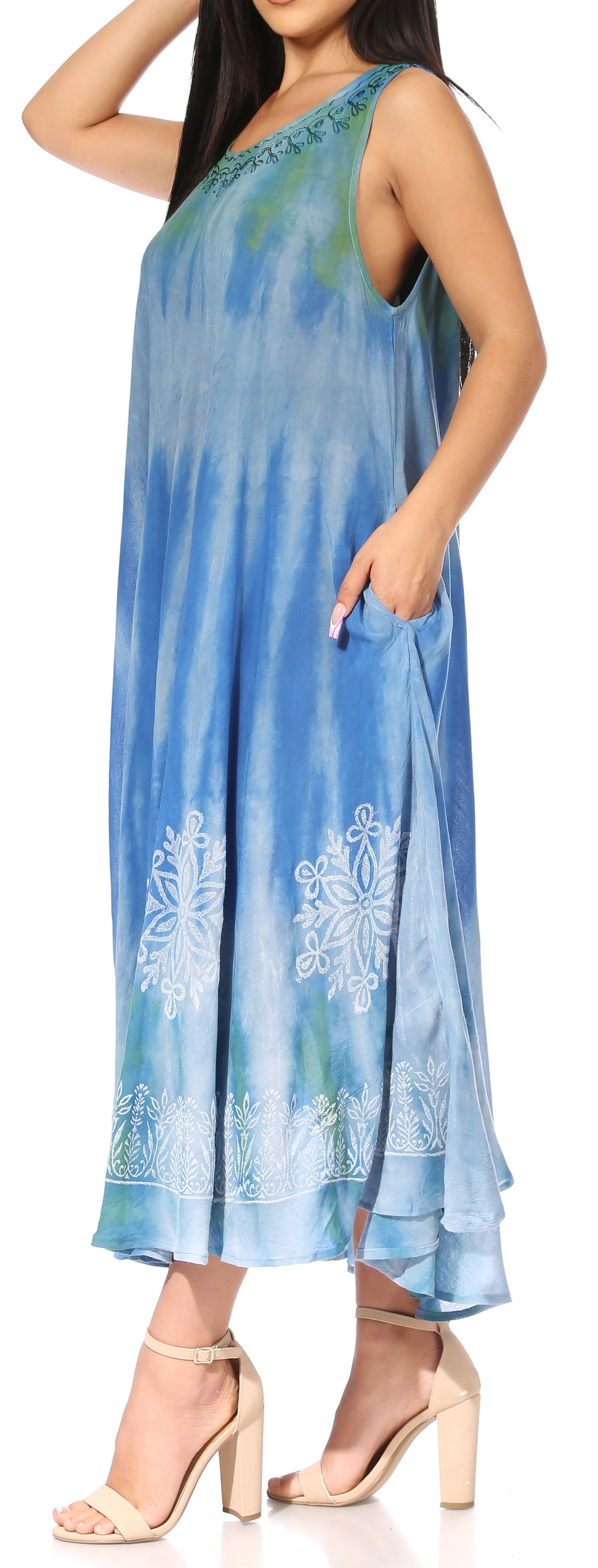 Vestido caftán maxi sin mangas Sakkas Liza para mujer, para uso informal de verano, con estilo bohemio y prácticos bolsillos.
