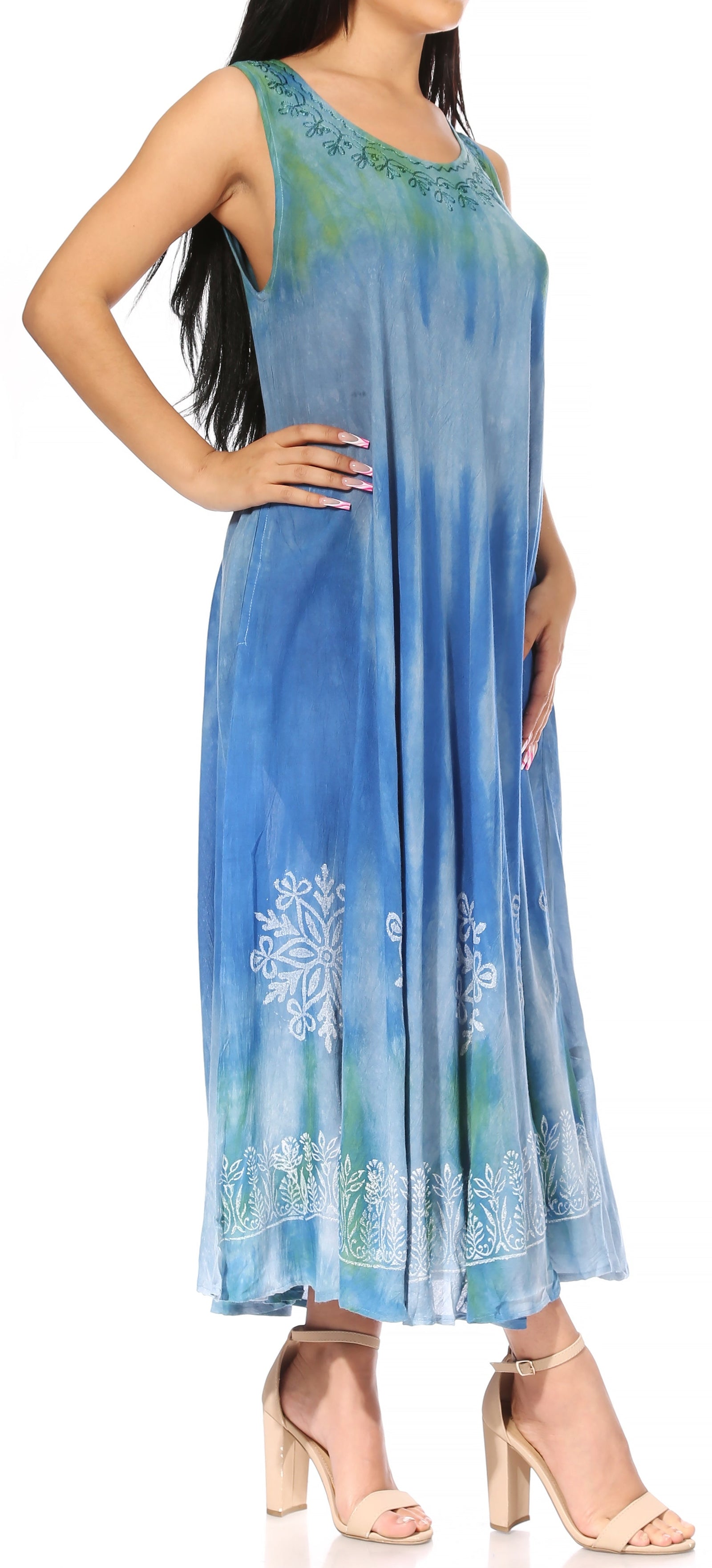 Vestido caftán maxi sin mangas Sakkas Liza para mujer, para uso informal de verano, con estilo bohemio y prácticos bolsillos.