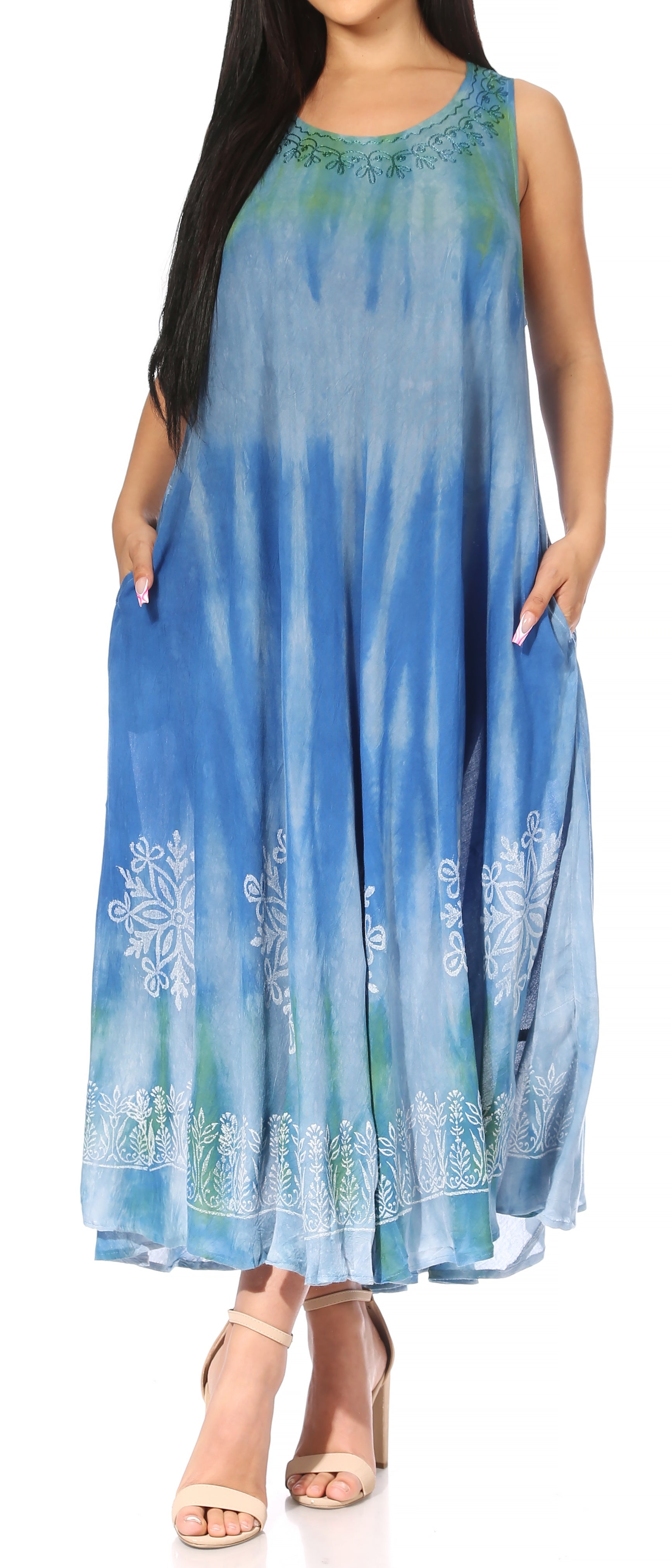 Vestido caftán maxi sin mangas Sakkas Liza para mujer, para uso informal de verano, con estilo bohemio y prácticos bolsillos.