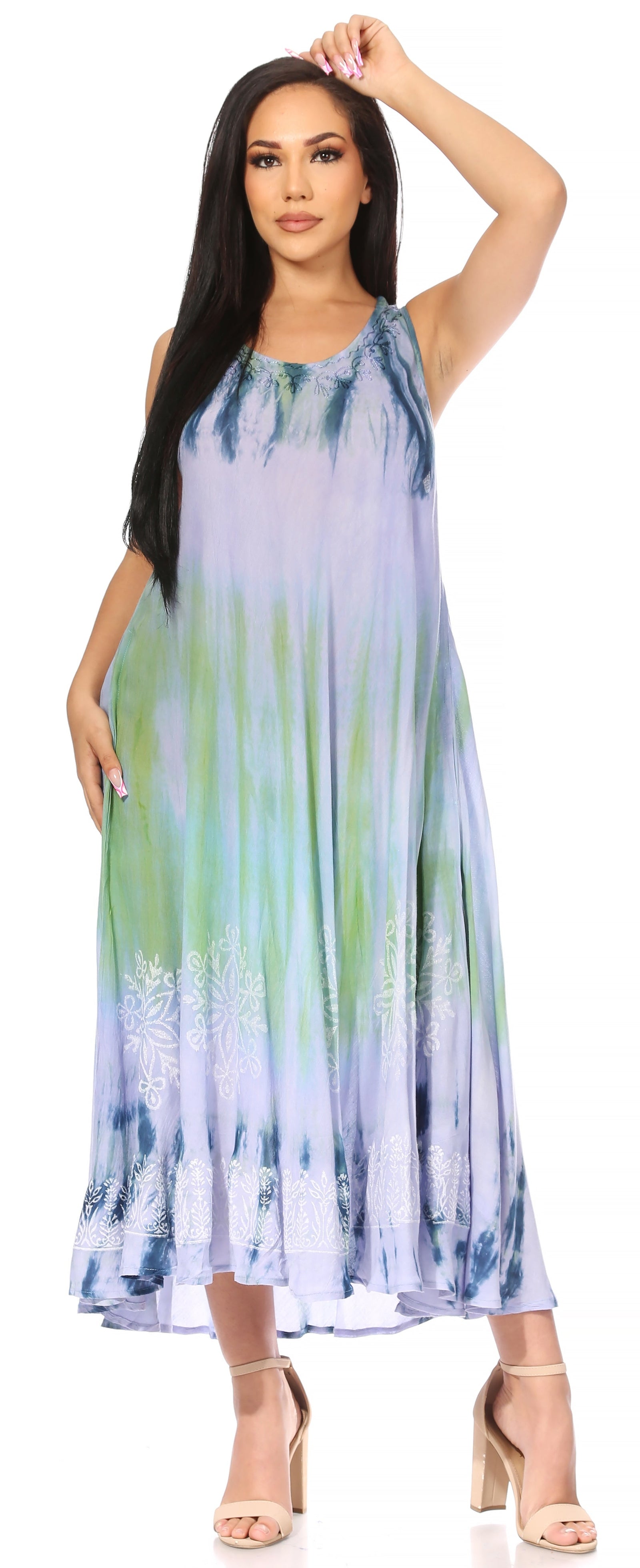 Vestido caftán maxi sin mangas Sakkas Liza para mujer, para uso informal de verano, con estilo bohemio y prácticos bolsillos.