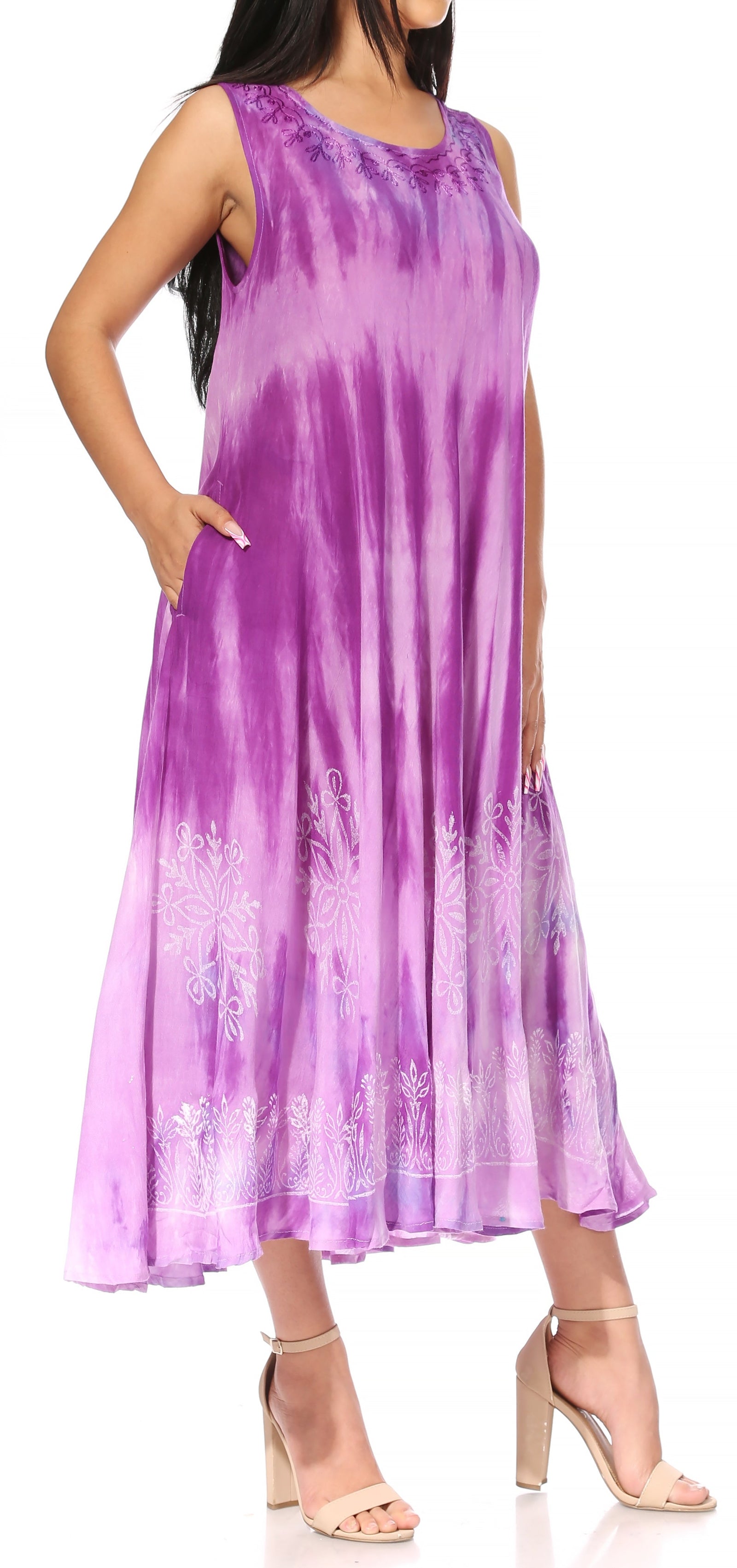 Vestido caftán maxi sin mangas Sakkas Liza para mujer, para uso informal de verano, con estilo bohemio y prácticos bolsillos.
