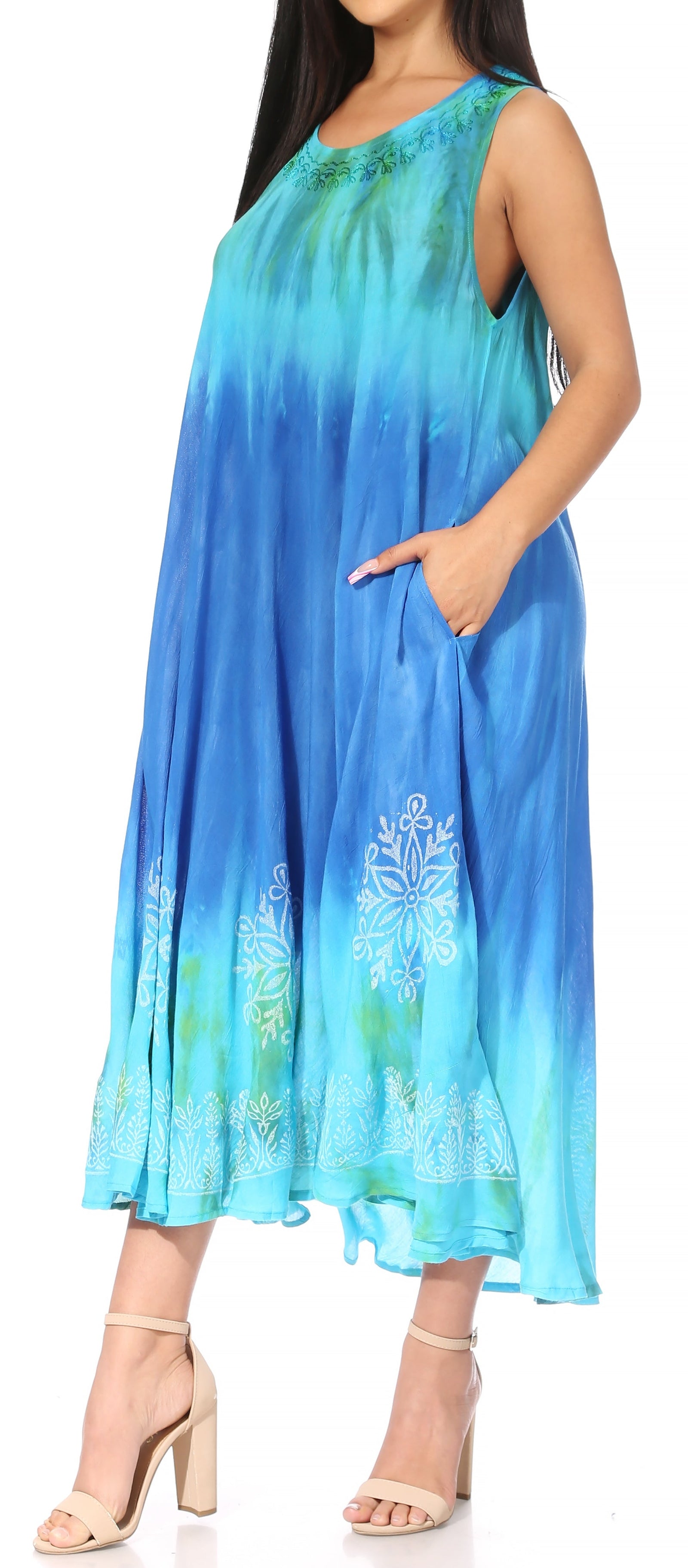 Vestido caftán maxi sin mangas Sakkas Liza para mujer, para uso informal de verano, con estilo bohemio y prácticos bolsillos.
