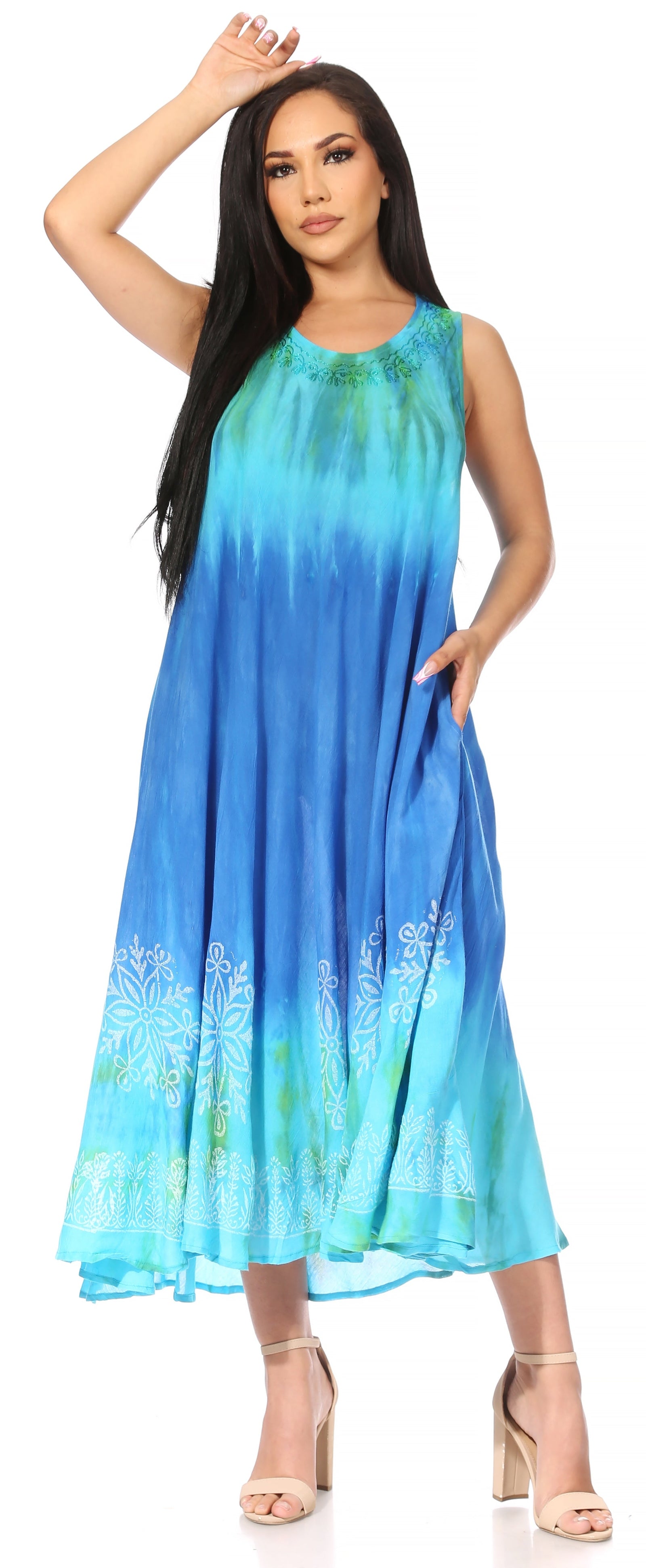 Vestido caftán maxi sin mangas Sakkas Liza para mujer, para uso informal de verano, con estilo bohemio y prácticos bolsillos.