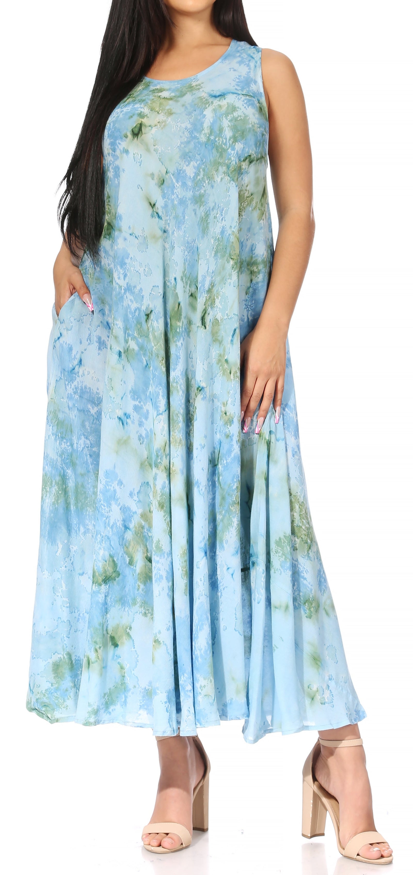 Vestido caftán maxi sin mangas Sakkas Liza para mujer, para uso informal de verano, con estilo bohemio y prácticos bolsillos.