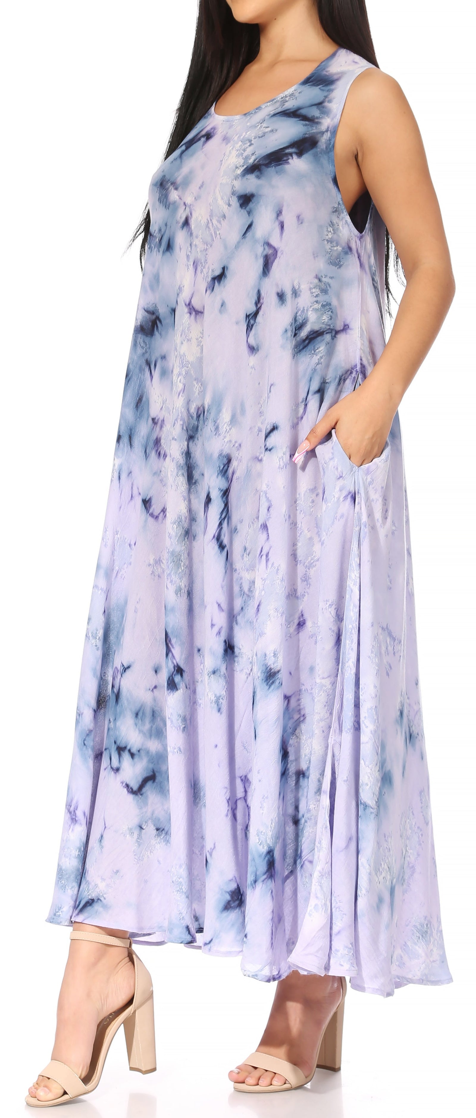 Vestido caftán maxi sin mangas Sakkas Liza para mujer, para uso informal de verano, con estilo bohemio y prácticos bolsillos.
