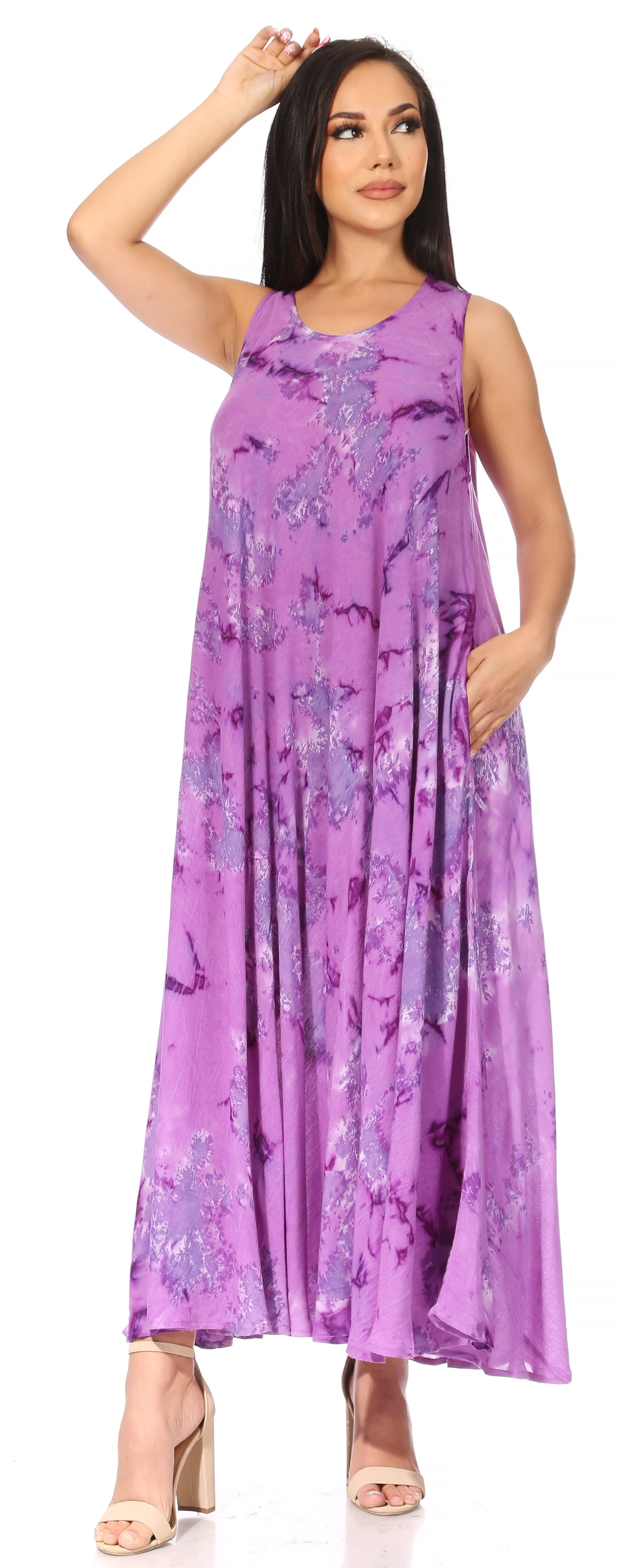 Vestido caftán maxi sin mangas Sakkas Liza para mujer, para uso informal de verano, con estilo bohemio y prácticos bolsillos.