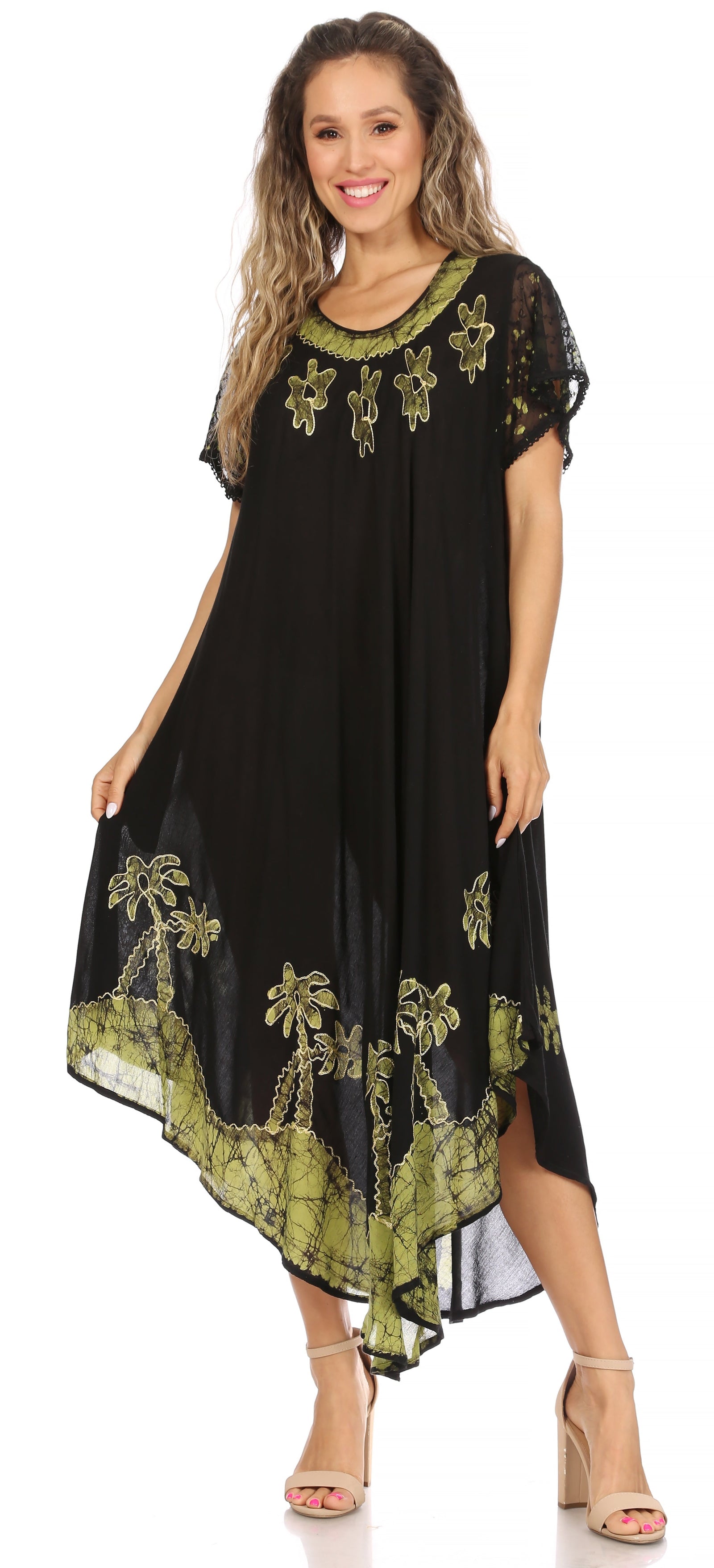 Sakkas Batik Palm Tree Cap Sleeve Caftan Vestido / Cubrir