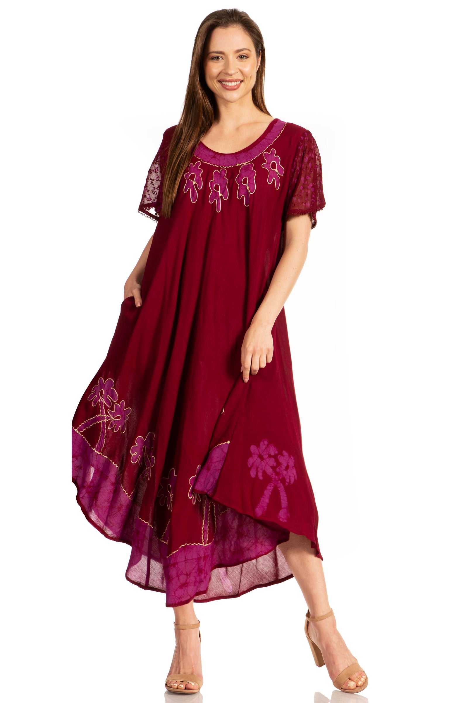 Sakkas Batik Palm Tree Cap Sleeve Caftan Vestido / Cubrir