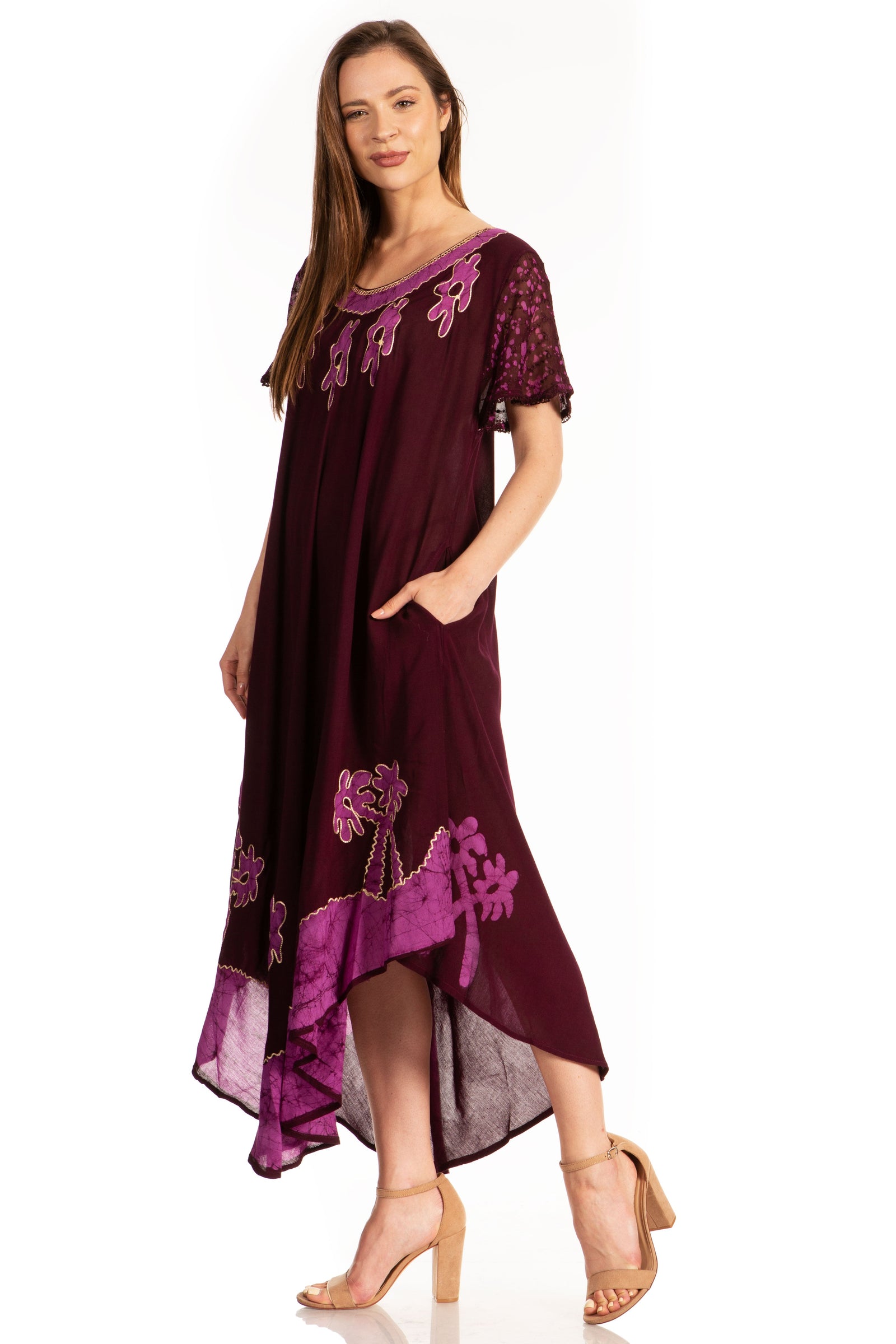 Sakkas Batik Palm Tree Cap Sleeve Caftan Vestido / Cubrir