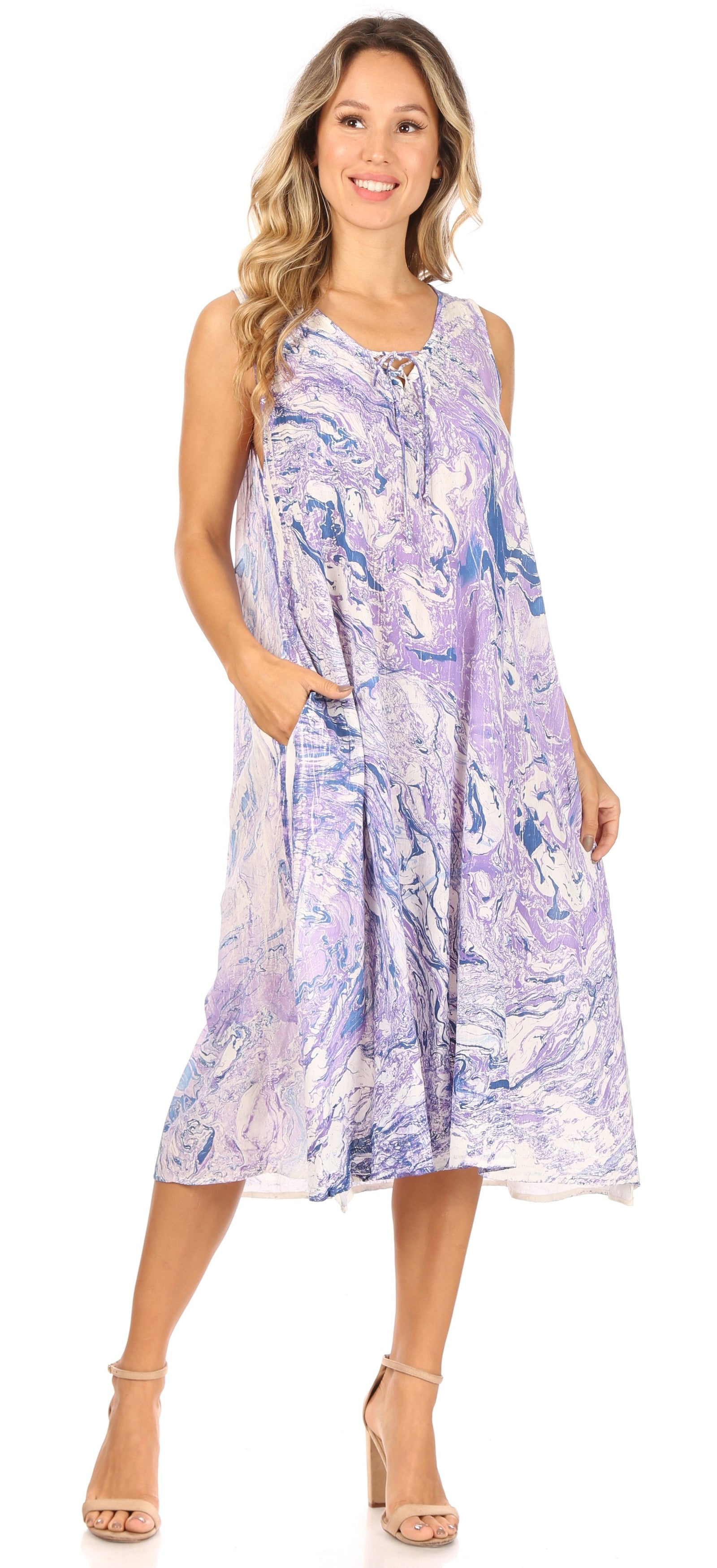 Vestido caftán Sakkas Ilaria para mujer, informal, holgado, sin mangas, con estampado acampanado y bolsillos
