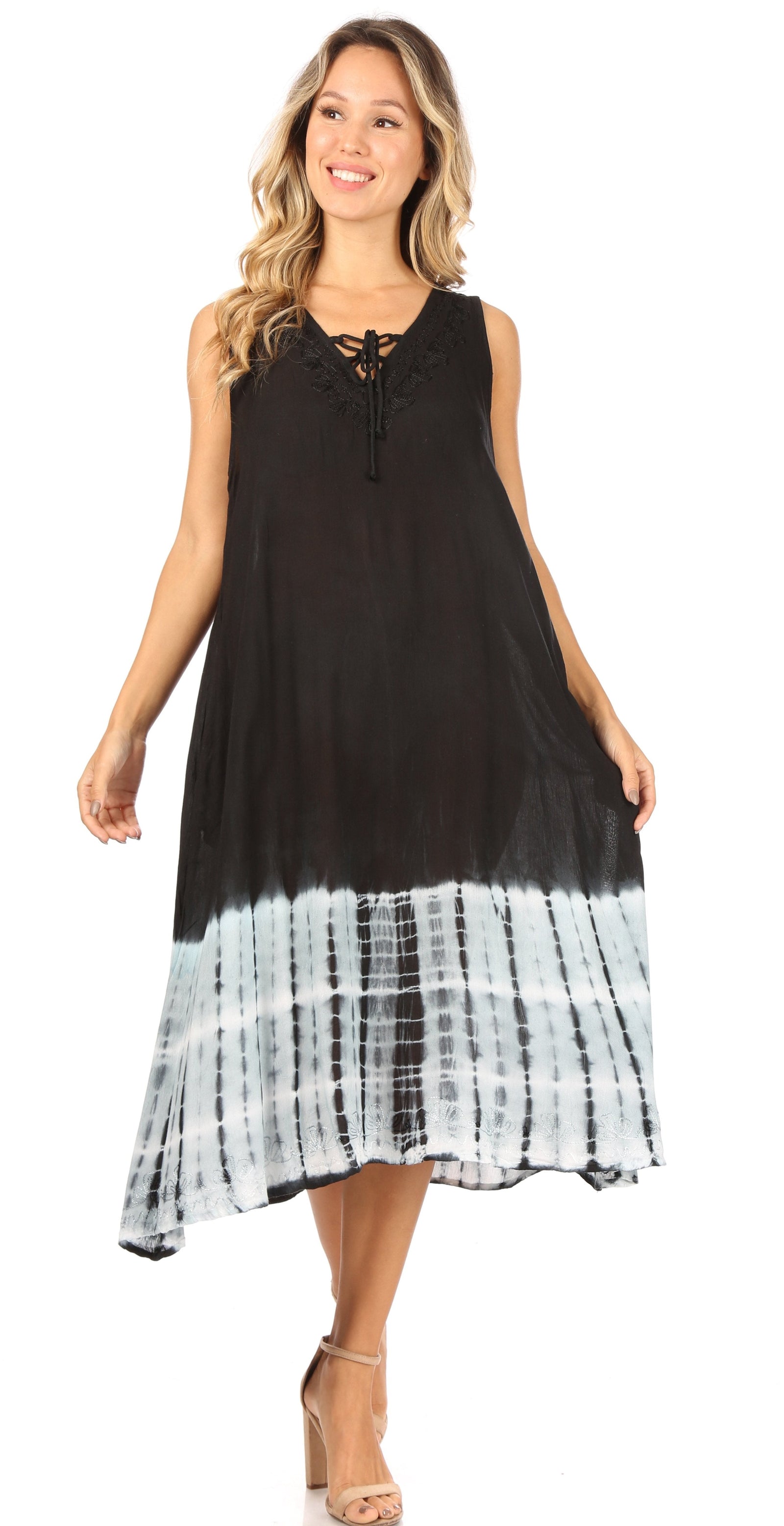 Vestido caftán Sakkas Ilaria para mujer, informal, holgado, sin mangas, con estampado acampanado y bolsillos