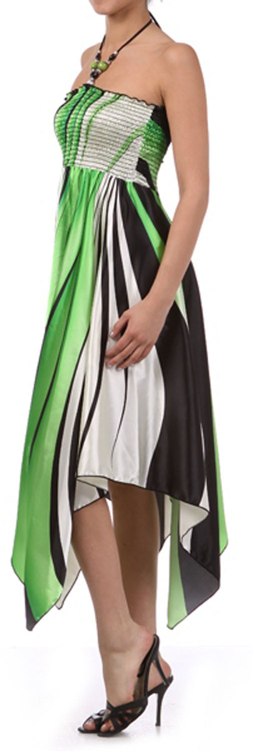 Vestido con escote halter, fruncido y dobladillo tipo pañuelo, con cuentas y tacto satinado en diseño de remolino