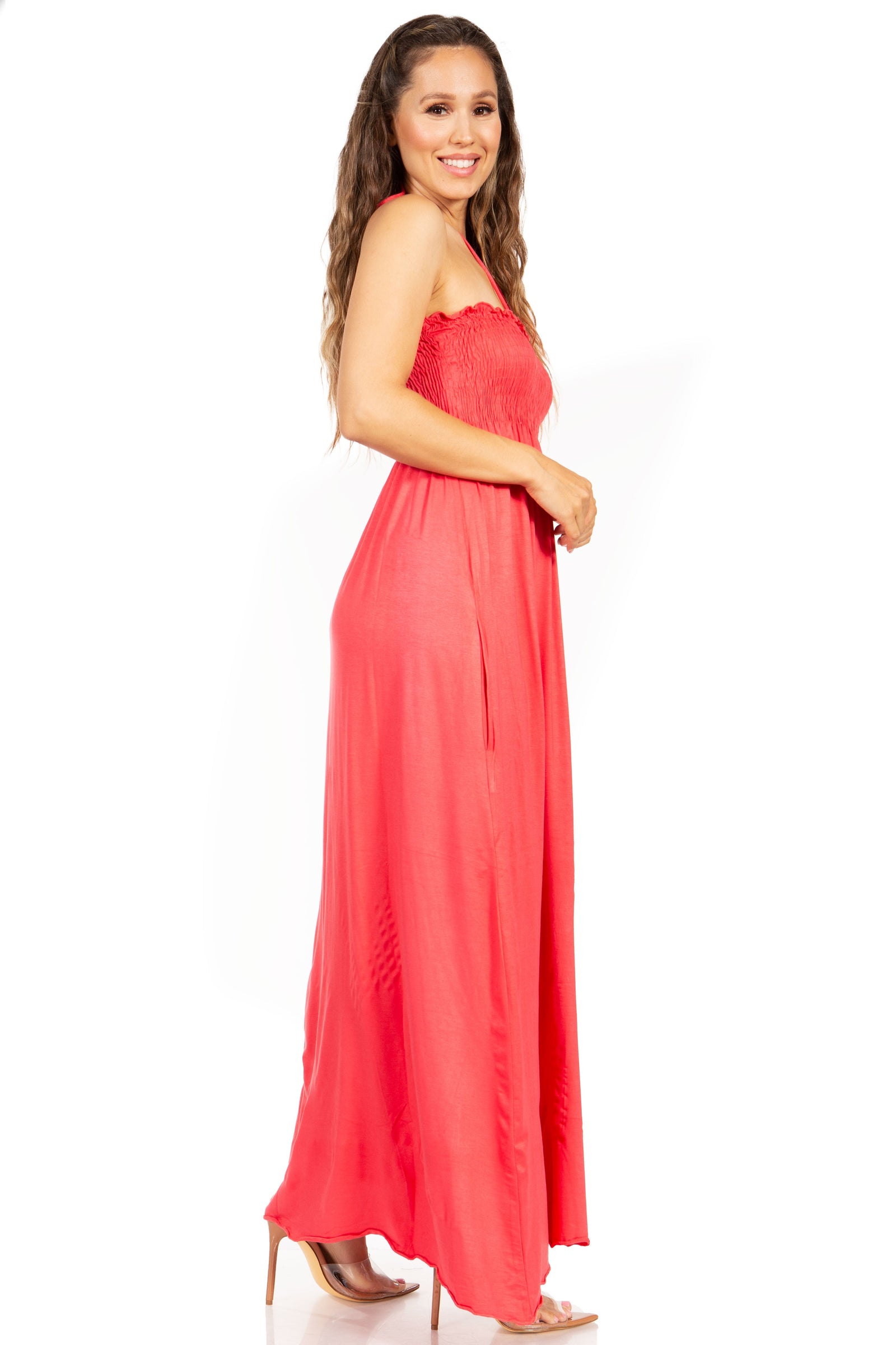 Sakkas Soft Jersey Feel Solid Color Smocked Bodice String Halter Long Dress
